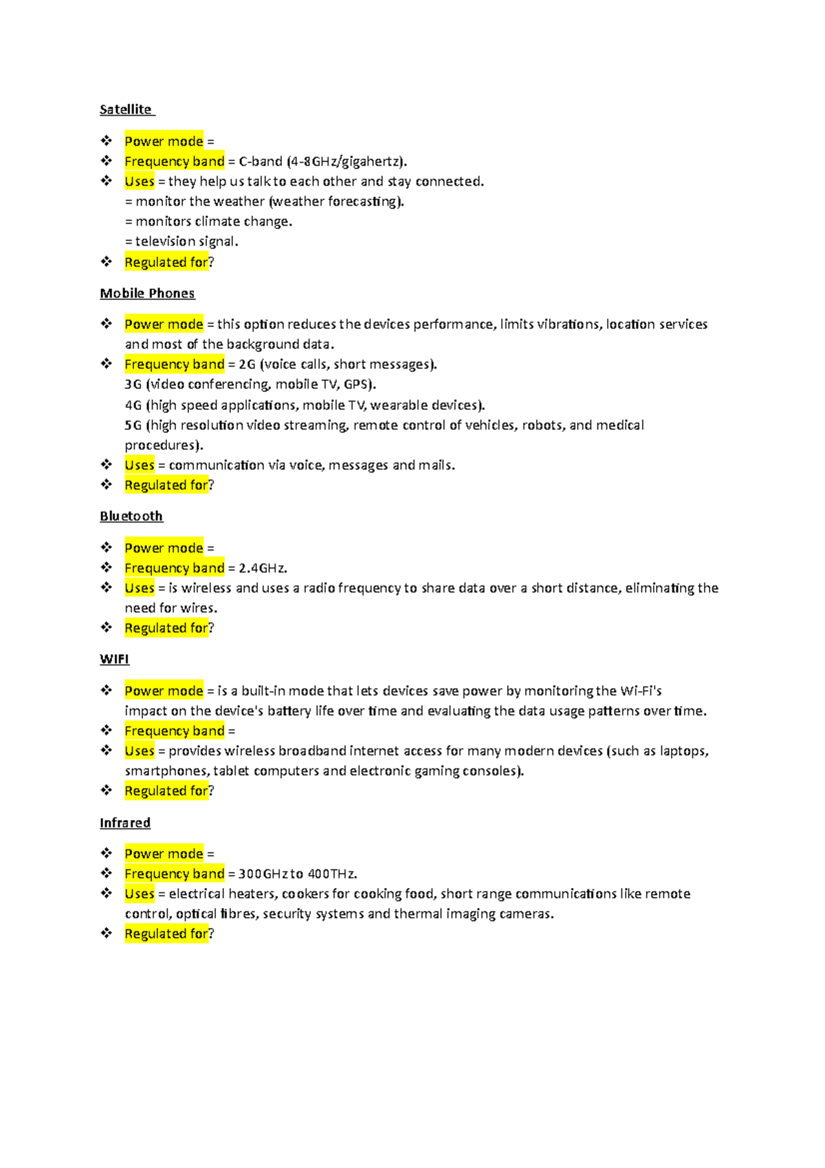 Regulation of Communication Waves Satellite Power mode = Frequency