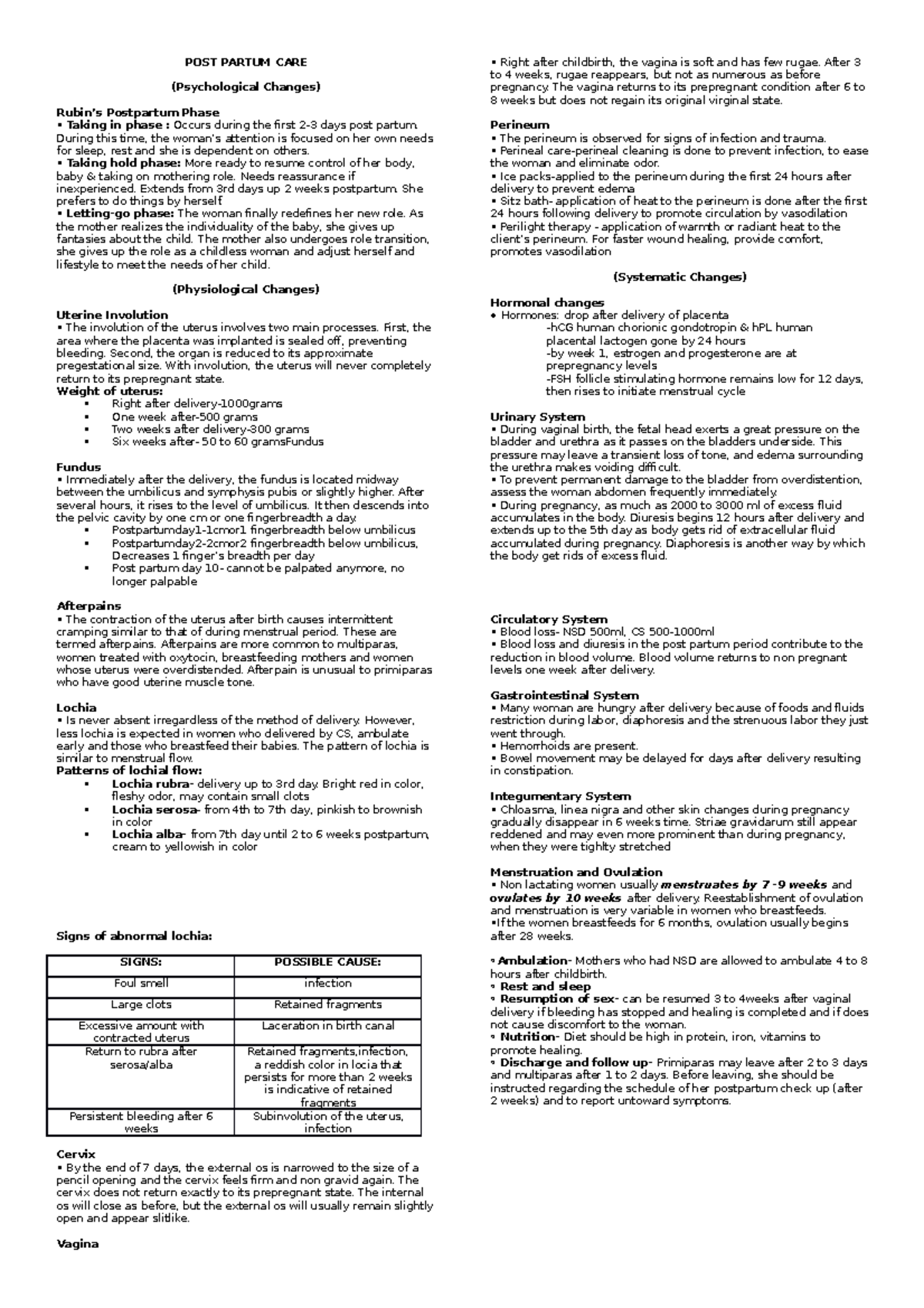 MT-CHN LEC (POST Partum CARE) - POST PARTUM CARE (Psychological Changes ...