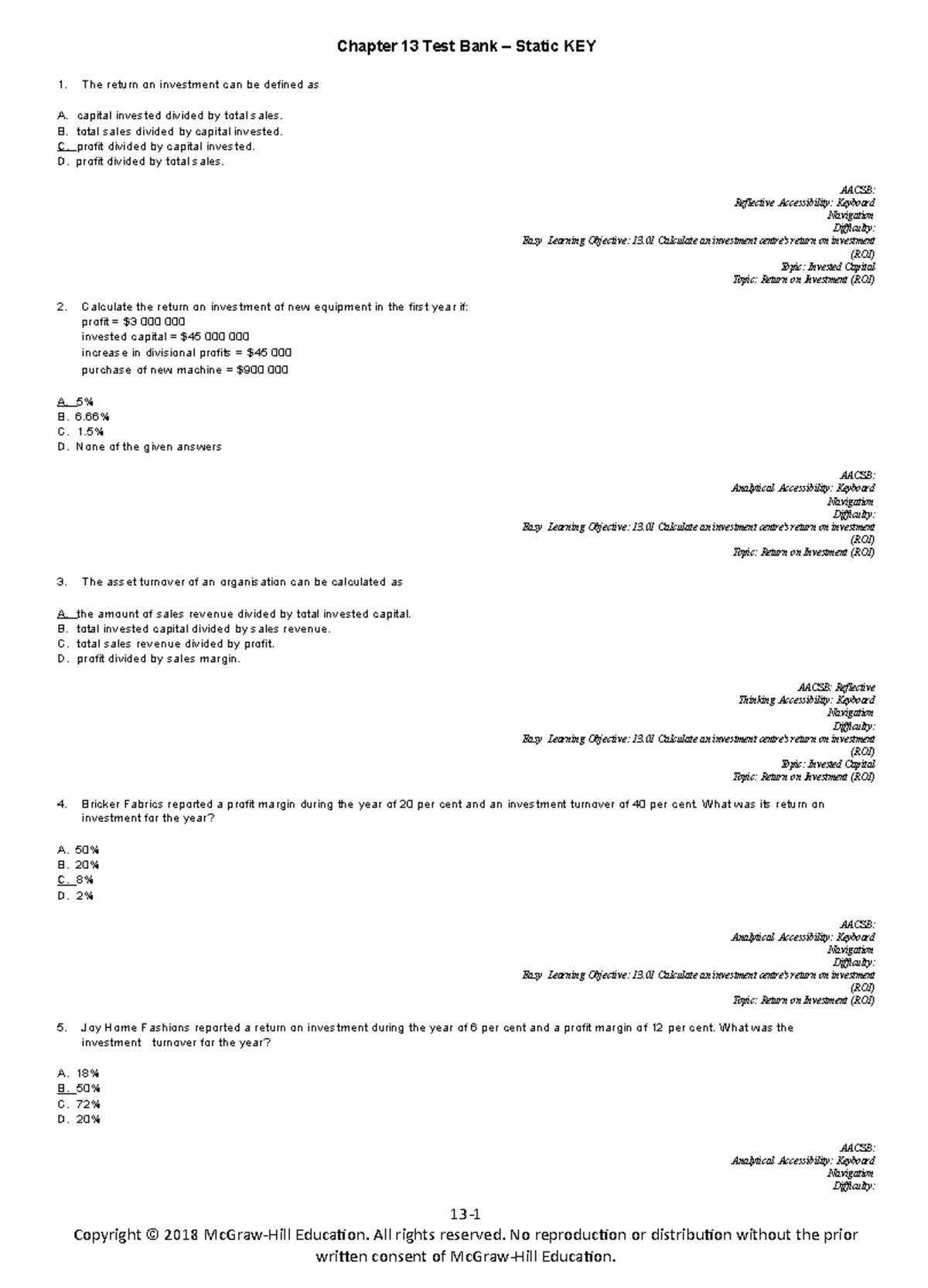 Chapter 13 Testbank - Chapter 13 Test Bank – Static KEY The Return On ...