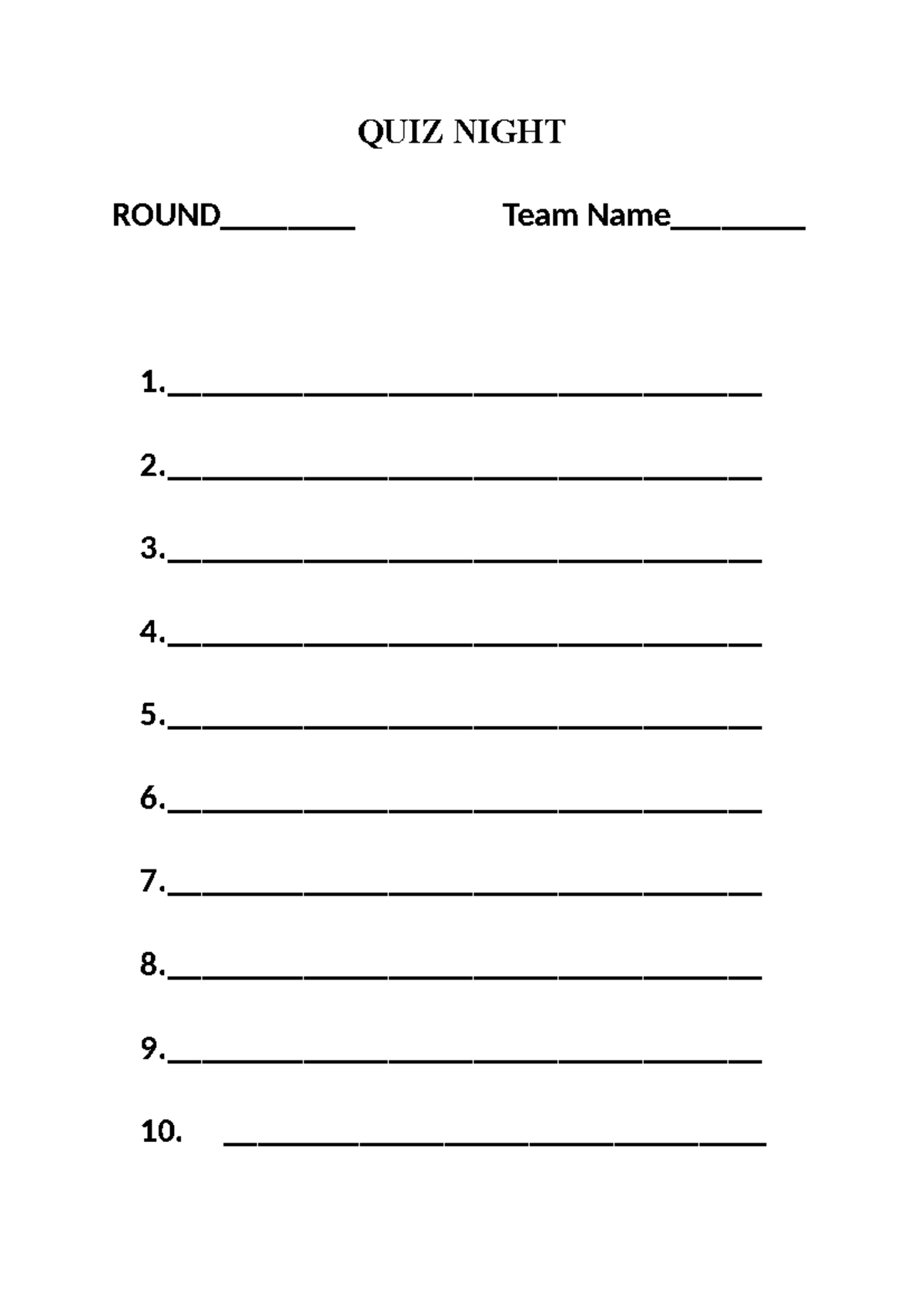 Quiz night - QUIZ NIGHT ROUND________ Team Name________ 1