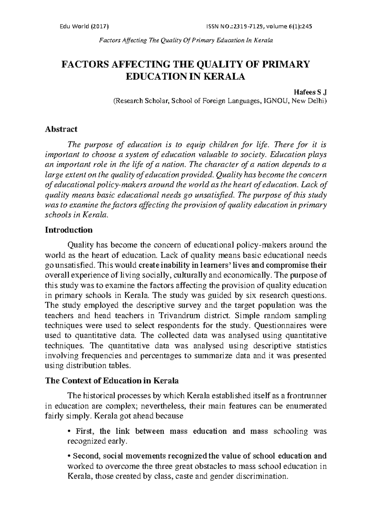 Factors Affecting the Quality of Primary Education in Kerala - Factors ...