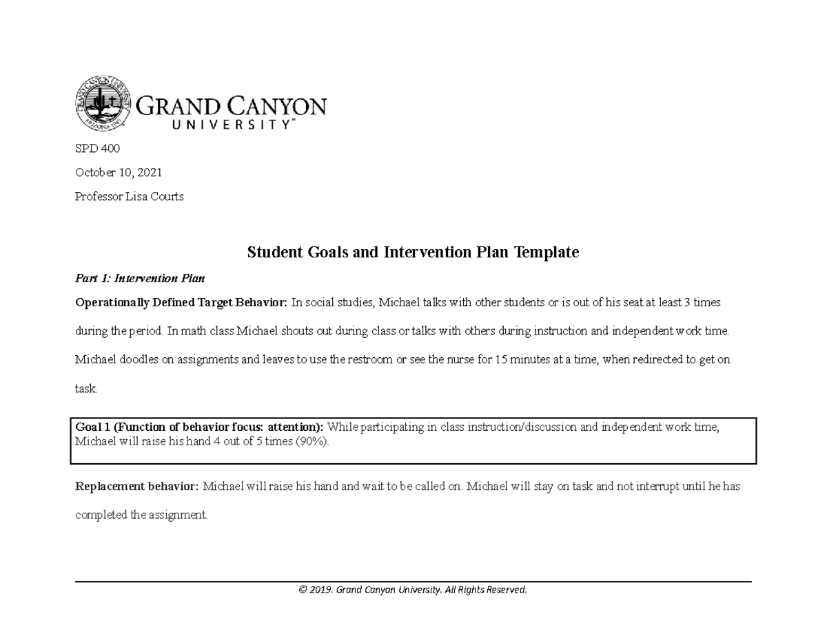Spd 400 student goals and intervention plan spd 400 october 10 2021