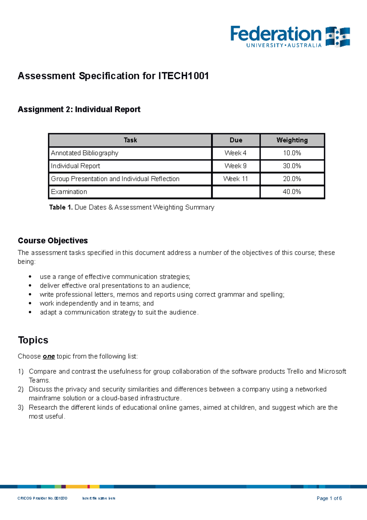 ITECH 1001 Assignment 2 Description - Assessment Specification for ...