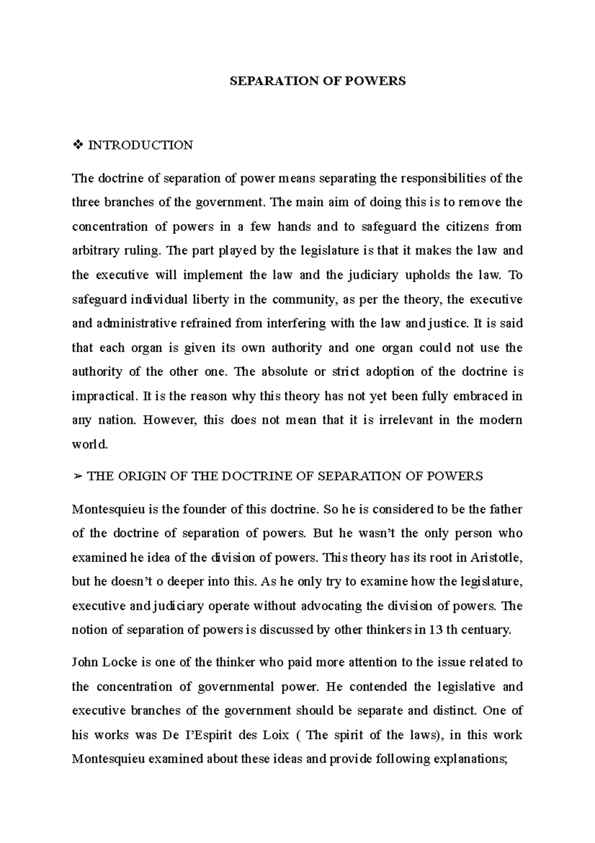 Separation OF Powers - SEPARATION OF POWERS INTRODUCTION The doctrine ...