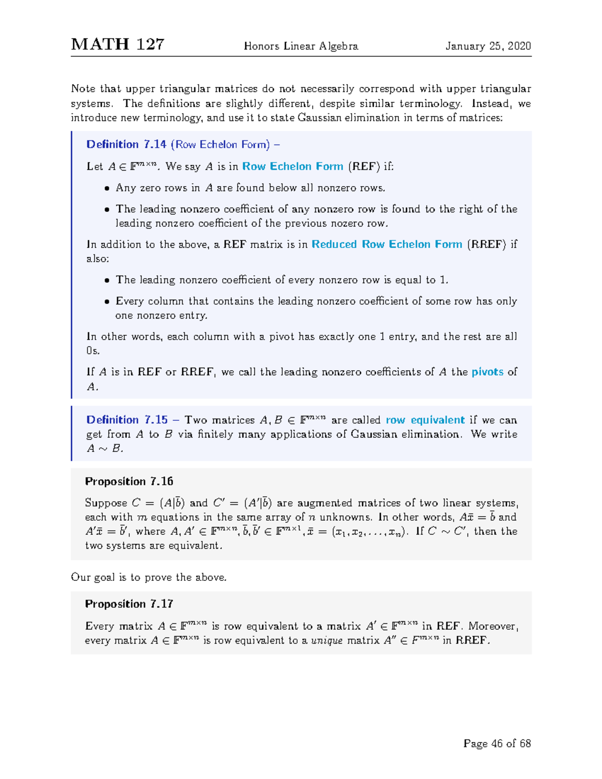 MATH 235-46 - Lecture notes 46 - MATH 127 Honors Linear Algebra January ...