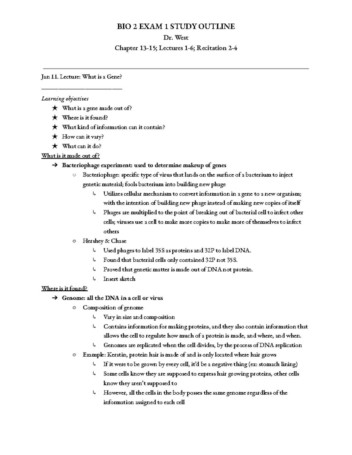 Bio 2 Exam 1 Outline - BIO 2 EXAM 1 STUDY OUTLINE Dr. West Chapter 13 ...