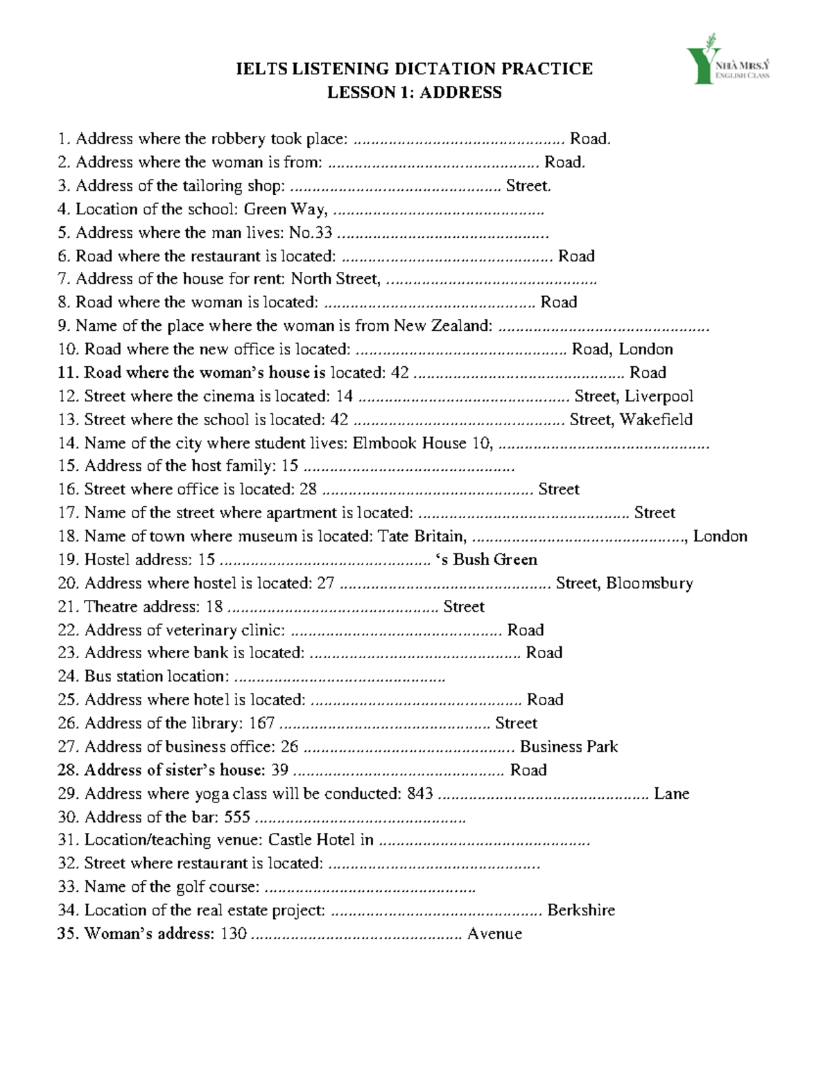 Ielts Listening Dictation 1 LESSON 1 ADDRESS Address where the