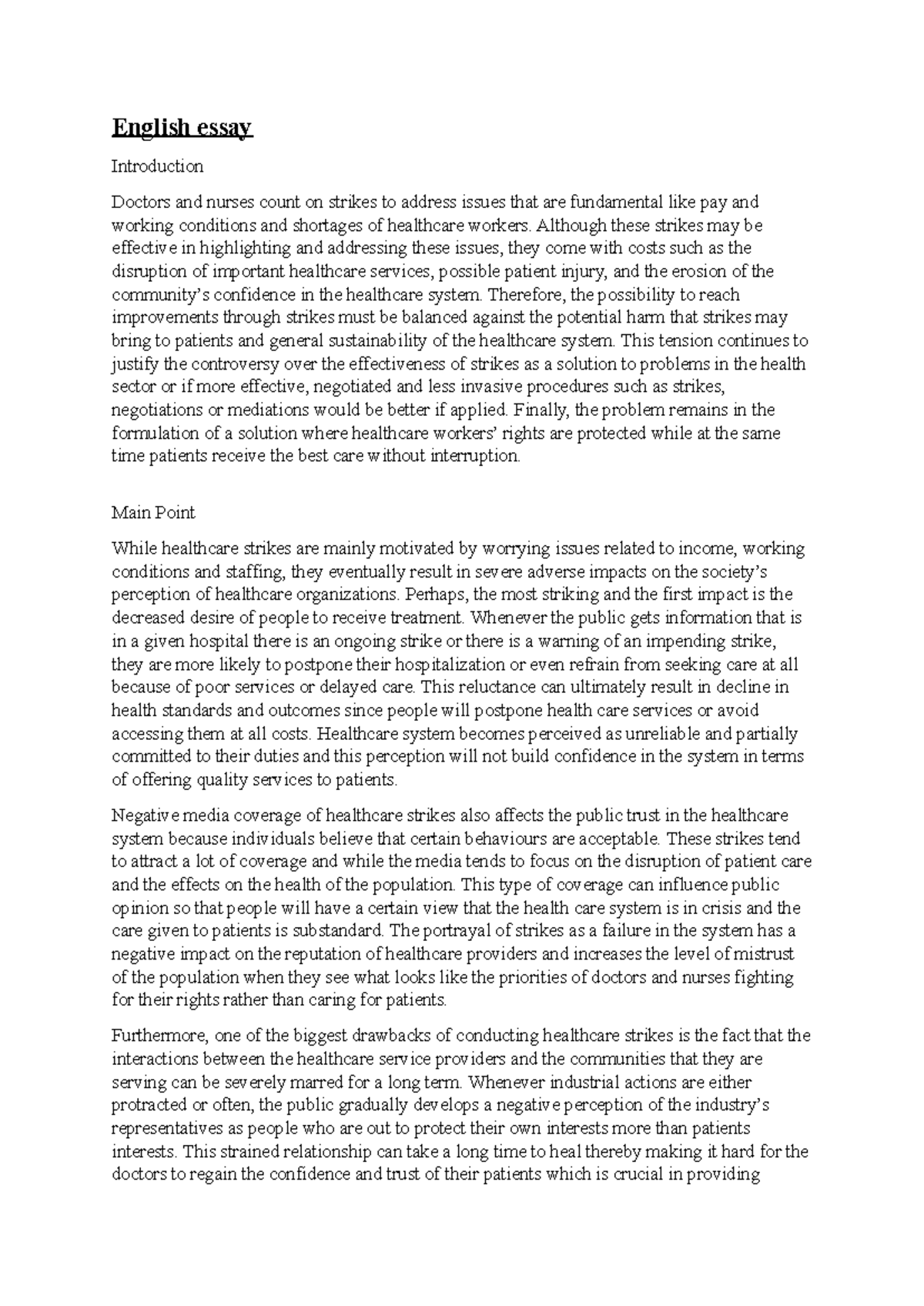 English essay - English essay Introduction Doctors and nurses count on ...