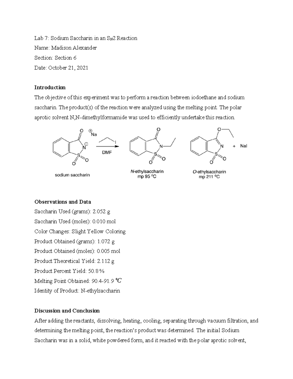 Chemistry Lab Report Lab 7 Sodium Saccharin in an S N 2 Reaction