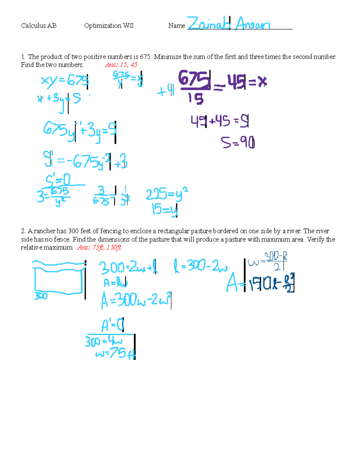 Calc Ab Optimization Ws Hw Calculus Ab Optimization Ws Name The