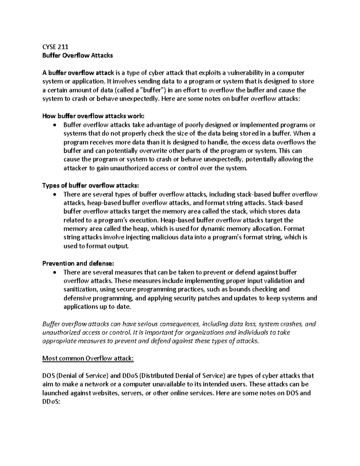 DOS and DDOS Attack notes - CYSE 211 Buffer Overflow Attacks A buffer ...