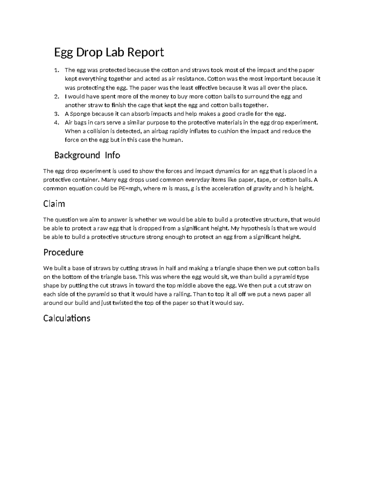 Egg Drop Lab Report they are precal assignments Egg Drop Lab Report