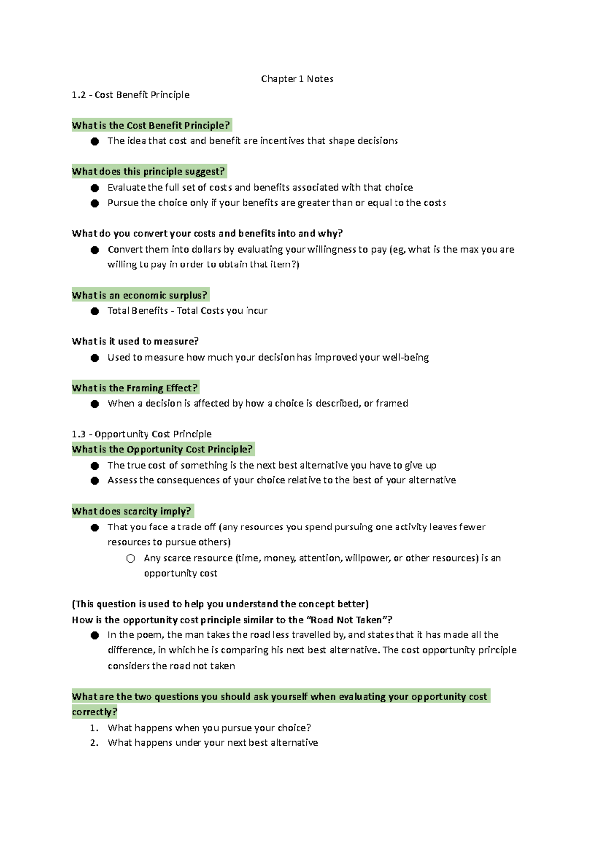 Chapter 1 Notes Chapter 1 Notes 1 Cost Benefit Principle What is