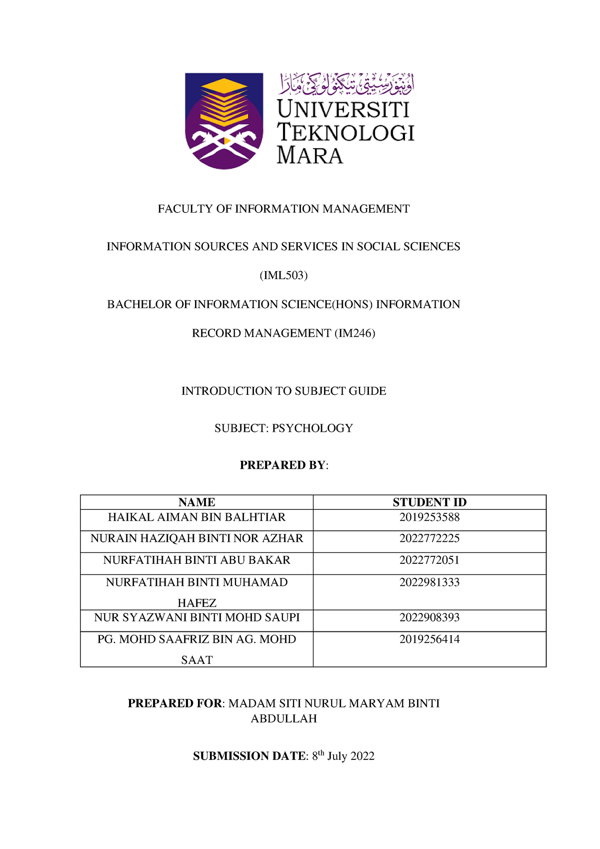 IML Group Report( Psychology) - FACULTY OF INFORMATION MANAGEMENT ...