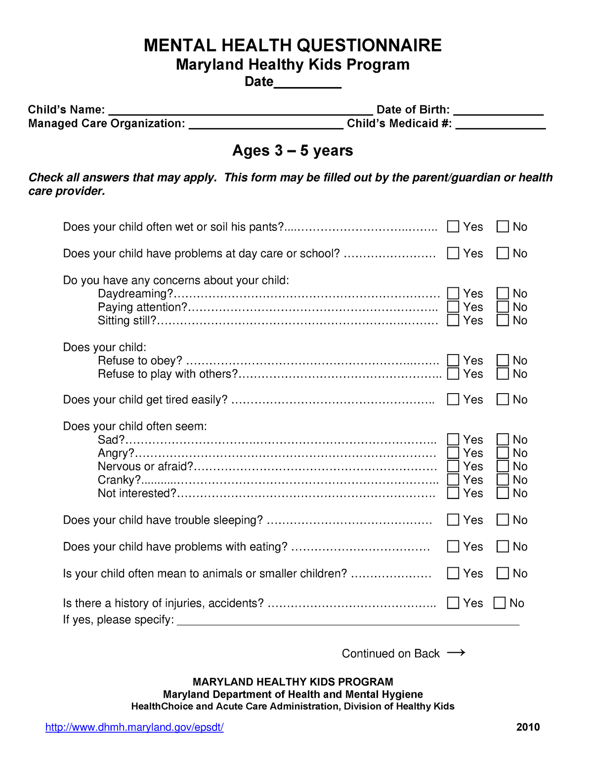 Mental Health Questionnaire 3 5 yrs English - MENTAL HEALTH ...