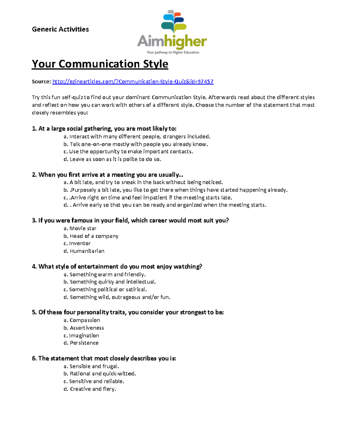 Comunication+ Styles+ Assessment 1 - Generic Activities Your ...