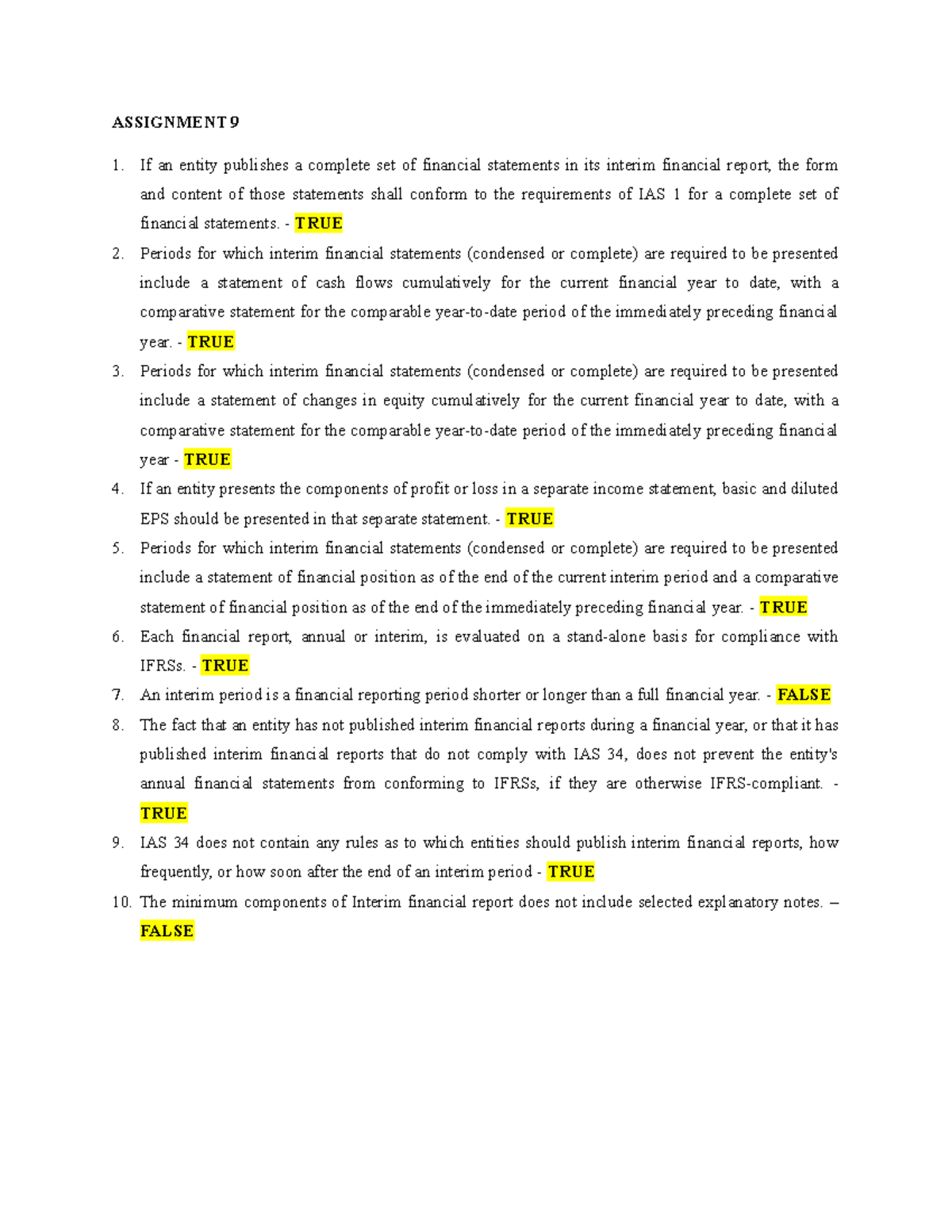 Assignment 9 ASSIGNMENT 9 If an entity publishes a complete set of financial statements in its