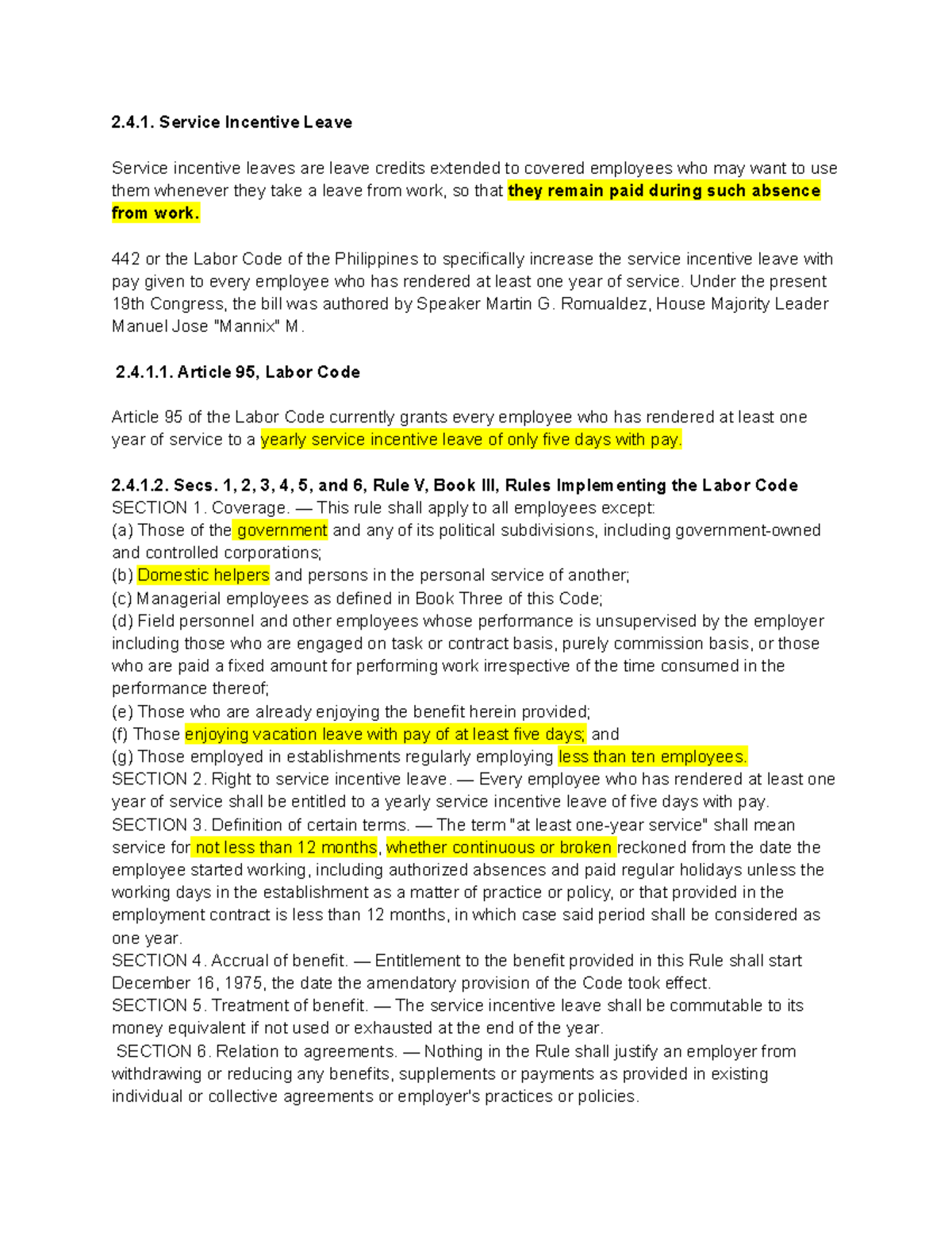 Recits - Labor Law - 2.4. Service Incentive Leave Service incentive ...