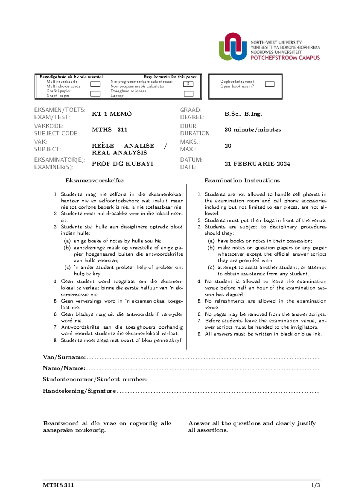 MTHS311 2024 KT 1 Memo - Class Test 1 memo - Benodigdhede vir hierdie ...