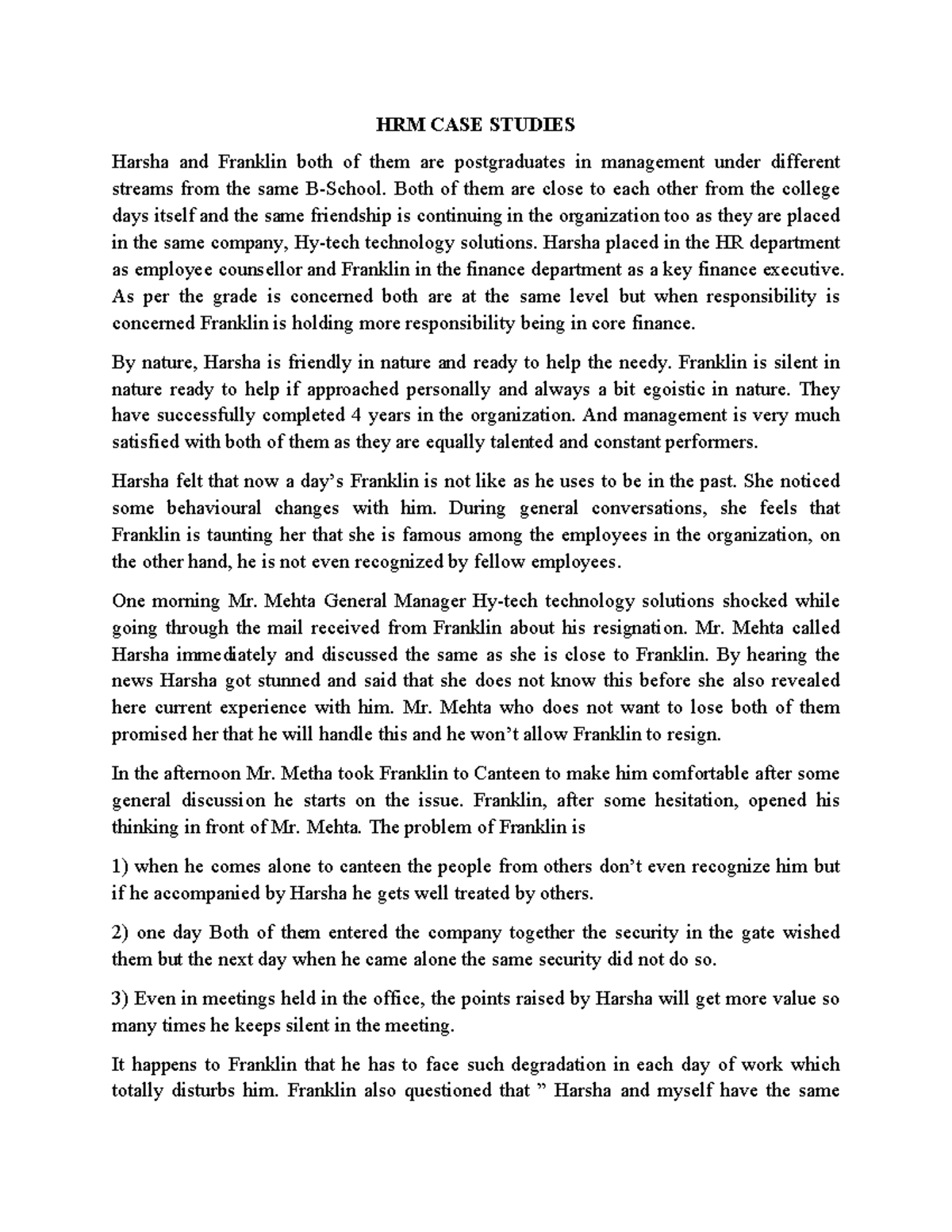 HRM-CASE- Studies - HRM CASE STUDIES Harsha and Franklin both of them ...