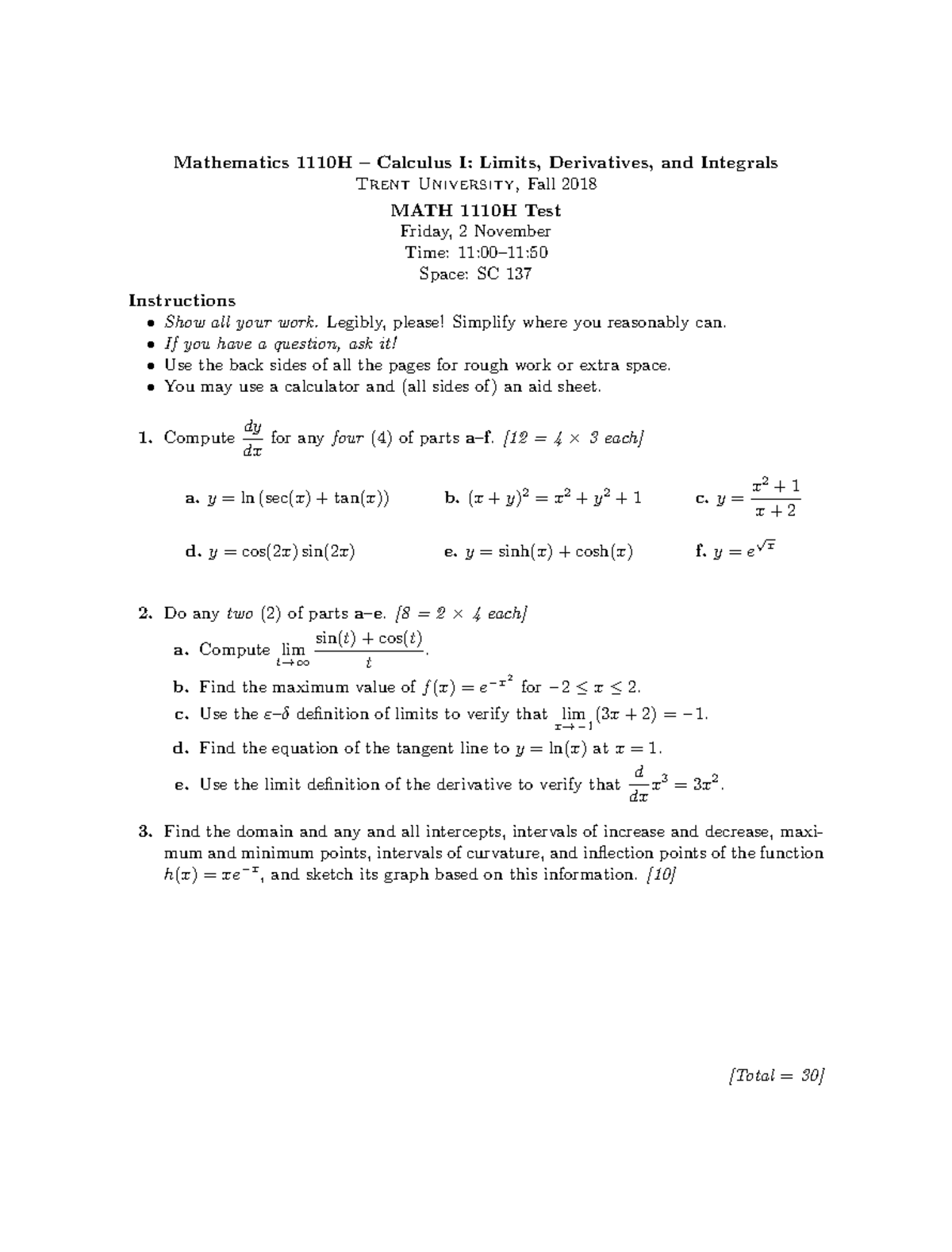 MATH1110H-Test-1pg - math - Mathematics 1110H – Calculus I: Limits ...