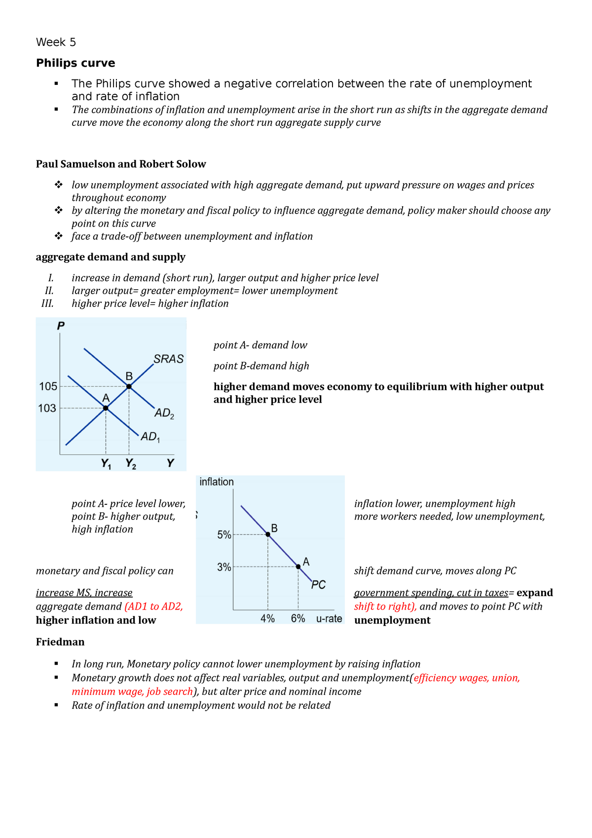 Week 5 notes - Week 5 Philips curve The Philips curve showed a negative ...