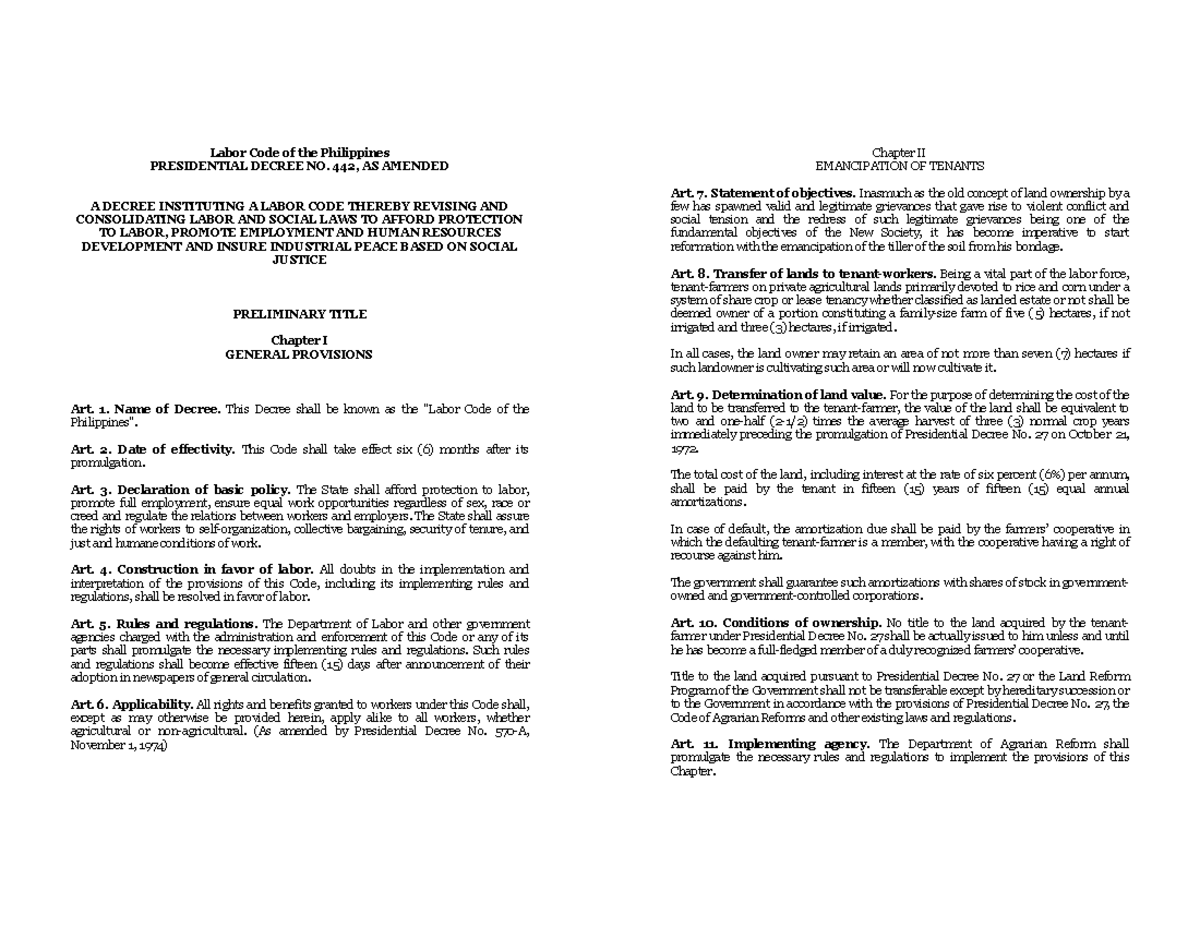 Labor Code Of The Philippines Presidential Decree No 442 As Amended