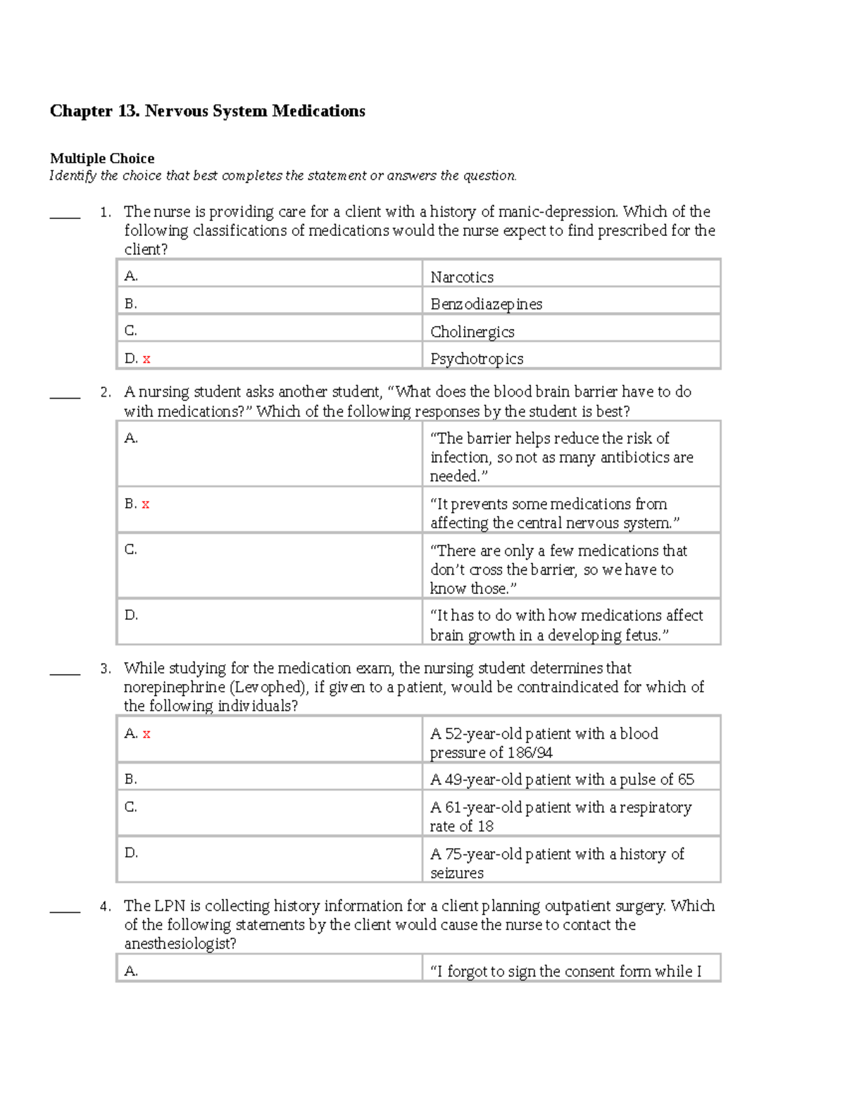 Docx Nervous System Medications Chapter 13 Nervous System Medications Multiple Choice 6875