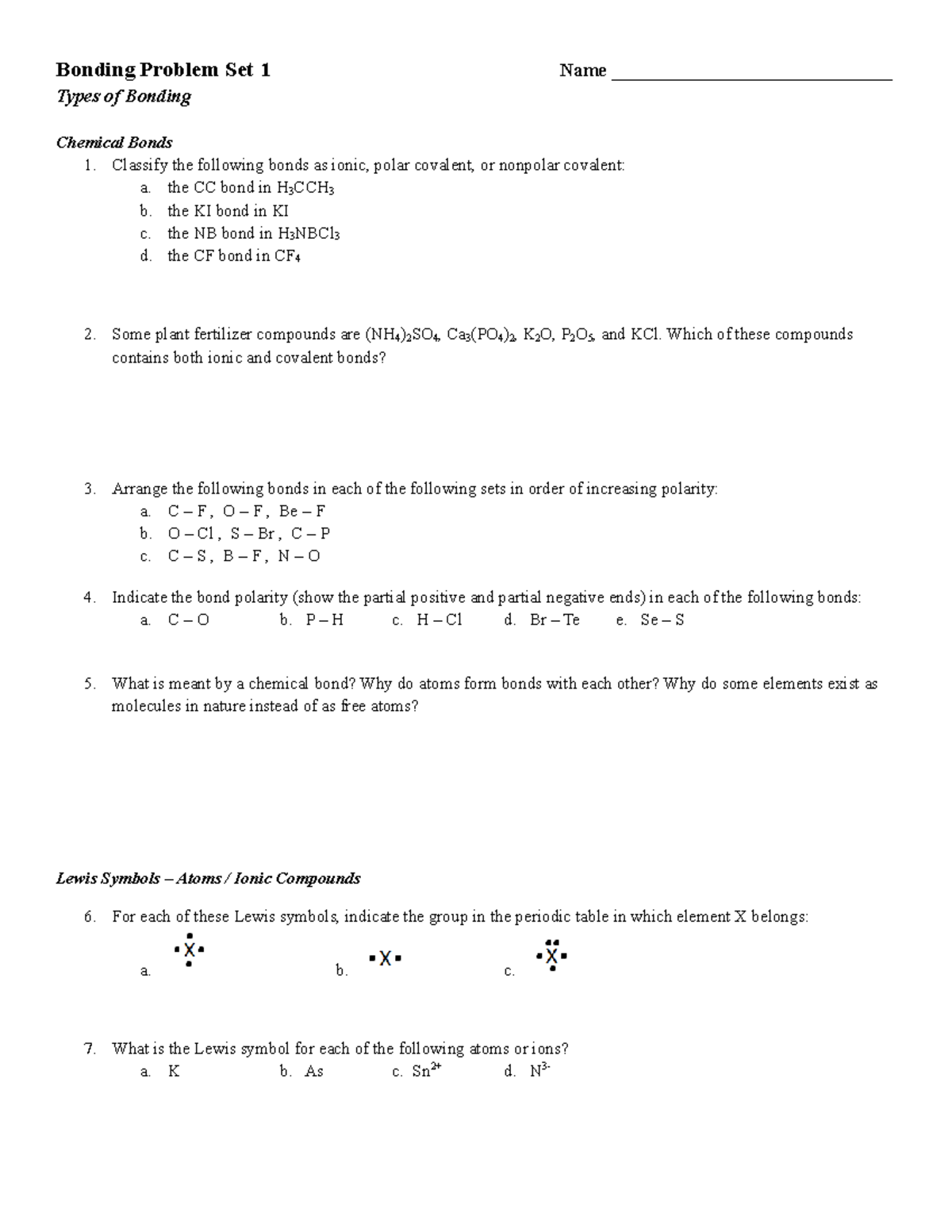 Bonding problem set 1 22 - Bonding Problem Set 1 Name ...