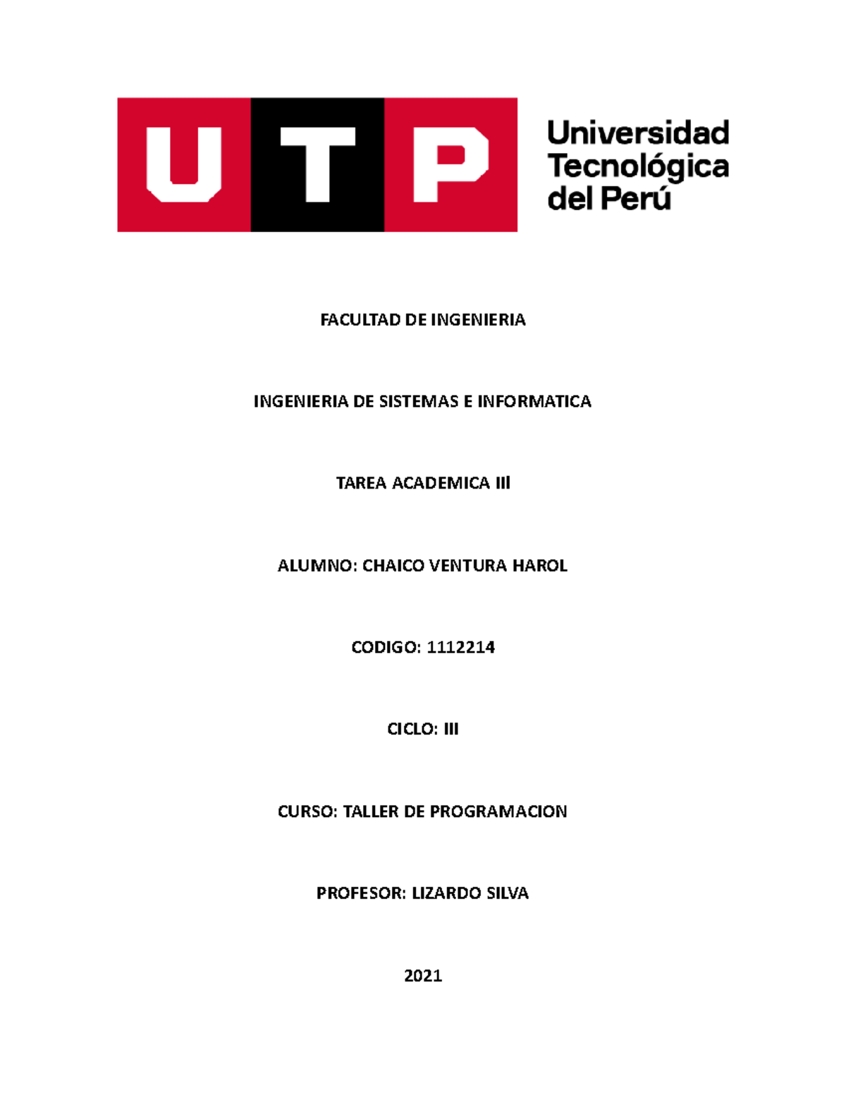 Trabajo Academico(03) - Taller de programacion - UTP - Studocu