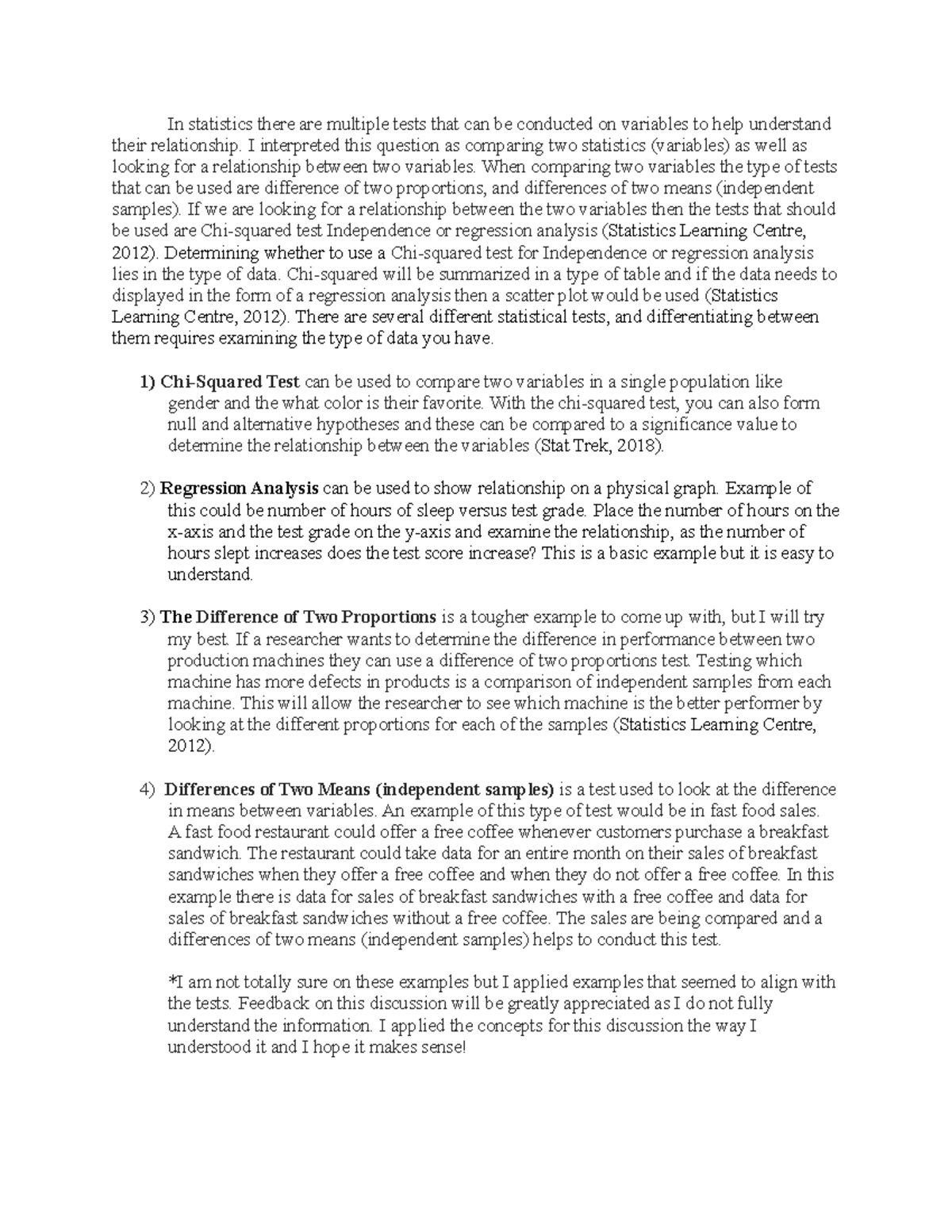 Unit 5 Discussion 1-Comparing Two Variables - In statistics there are ...