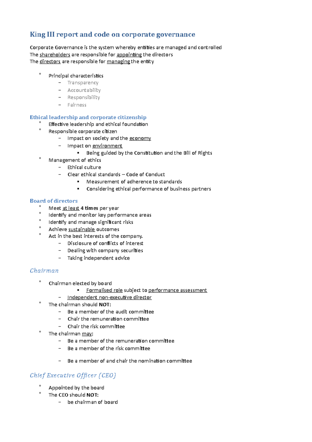 King III summary NOTES King III report and code on corporate