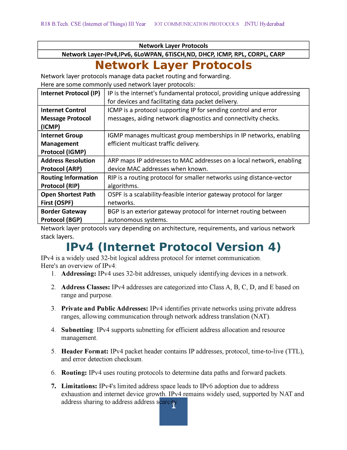 Iotcp UNIT - 4 R18 Jntuh Syllabus - Network Layer Protocols Network ...