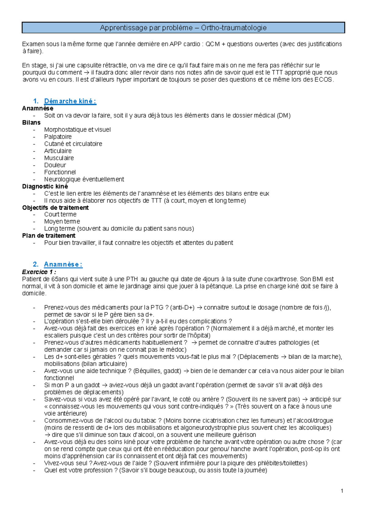 Notes De Cours - App Ortho - Apprentissage Par Problème – Ortho 