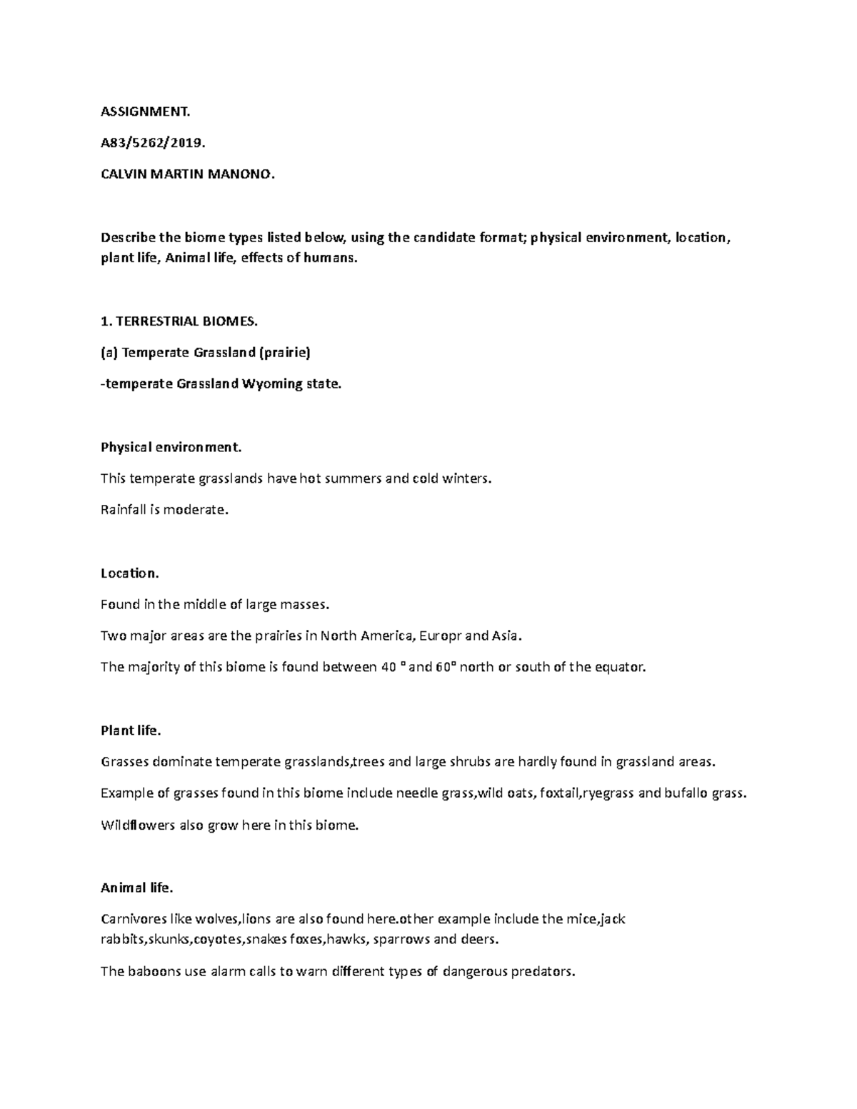 Ecology Assignment - Describing the biome types - ASSIGNMENT. A83/5262/ ...