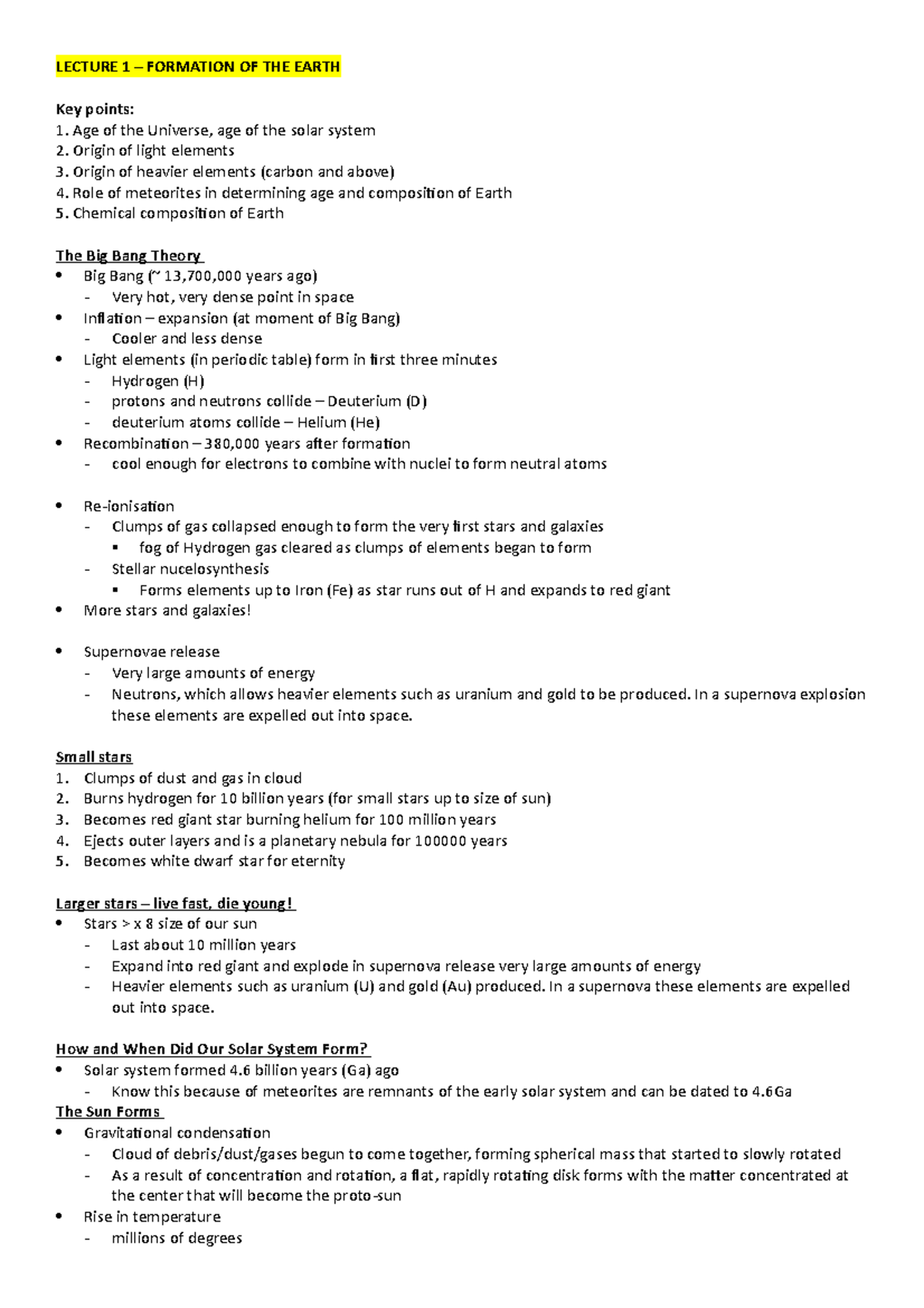 Revision Notes - LECTURE 1 – FORMATION OF THE EARTH Key points: Age of ...