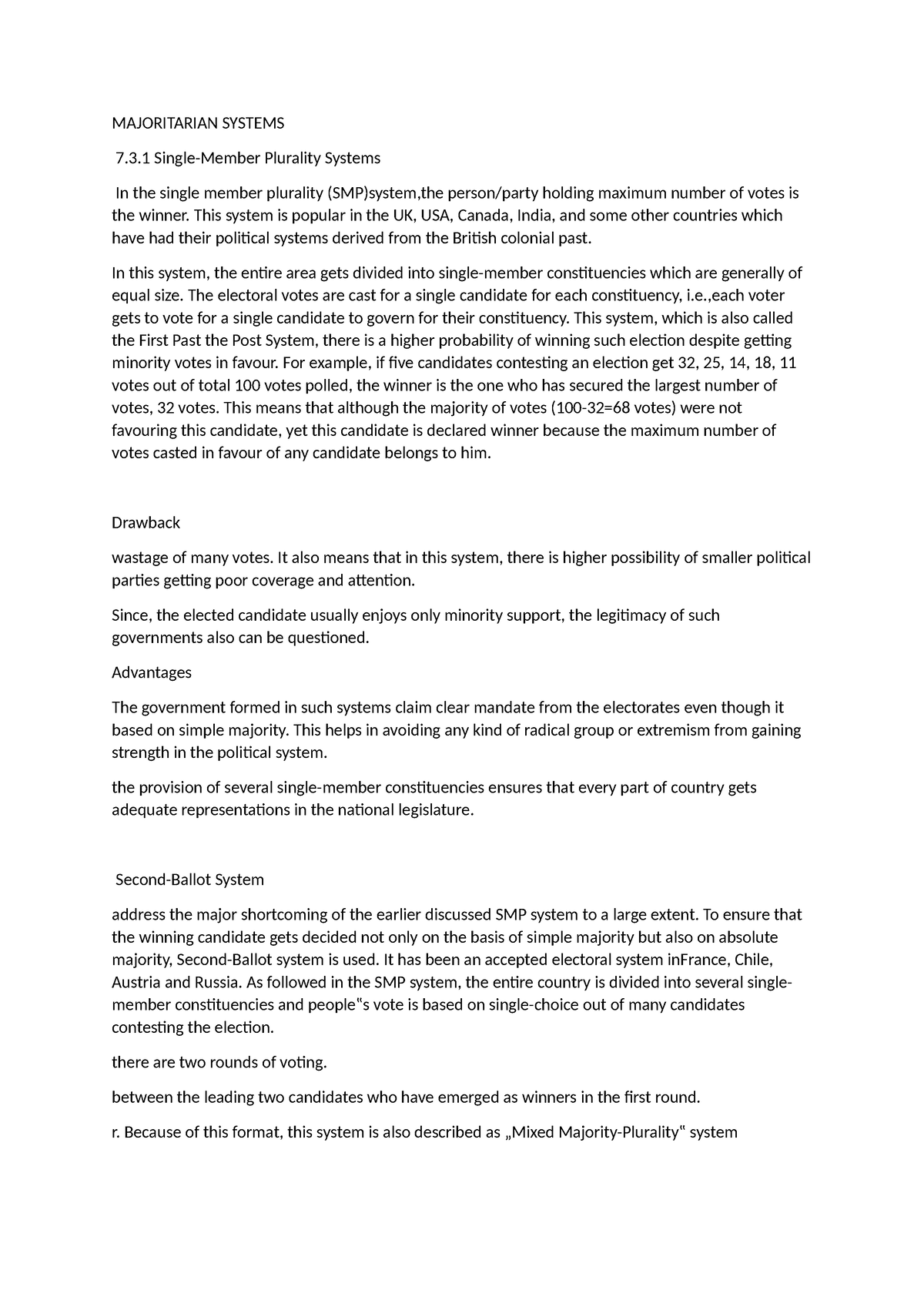 Majoritarian Systems - MAJORITARIAN SYSTEMS 7.3 Single-Member Plurality ...