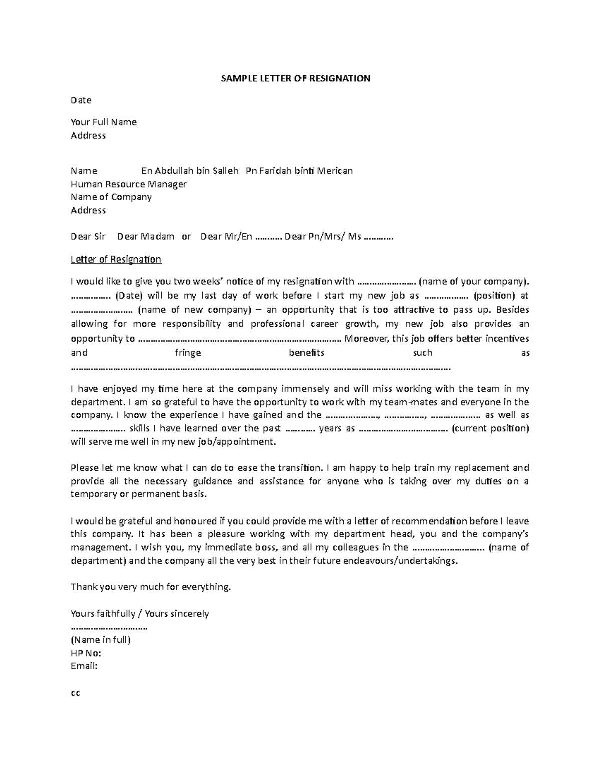 13a. Latest Sample Letter OF Resignation - English for Business ...