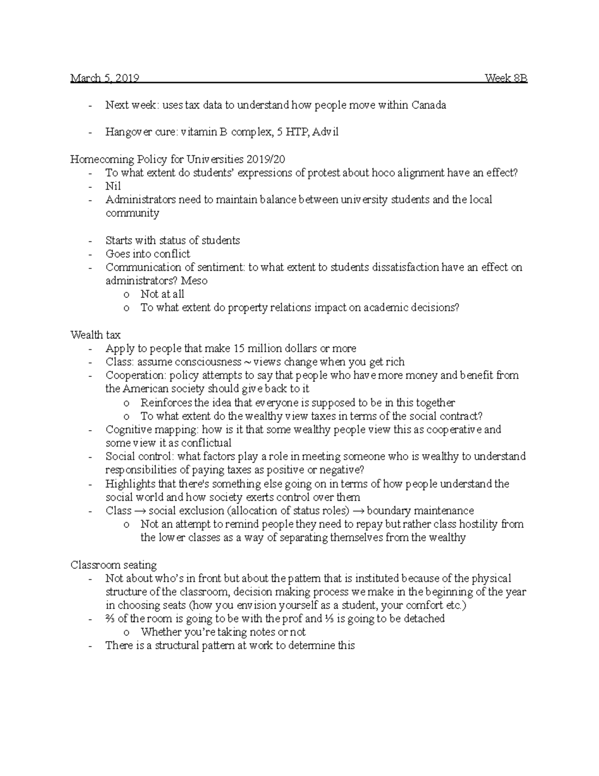 SOCI 1020 Week 8 Lecture Notes - 2019 - March 5, 2019 Week 8B Next week ...