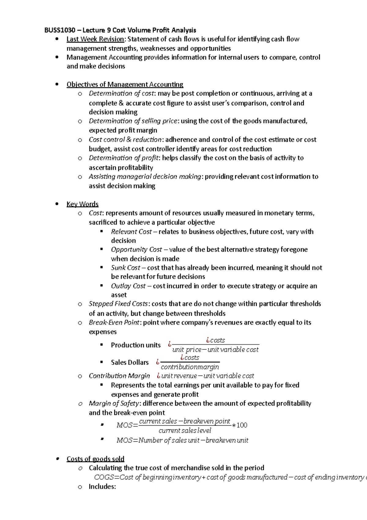 BUSS1030 Lecture 9 - BUSS1030 – Lecture 9 Cost Volume Profit Analysis ...