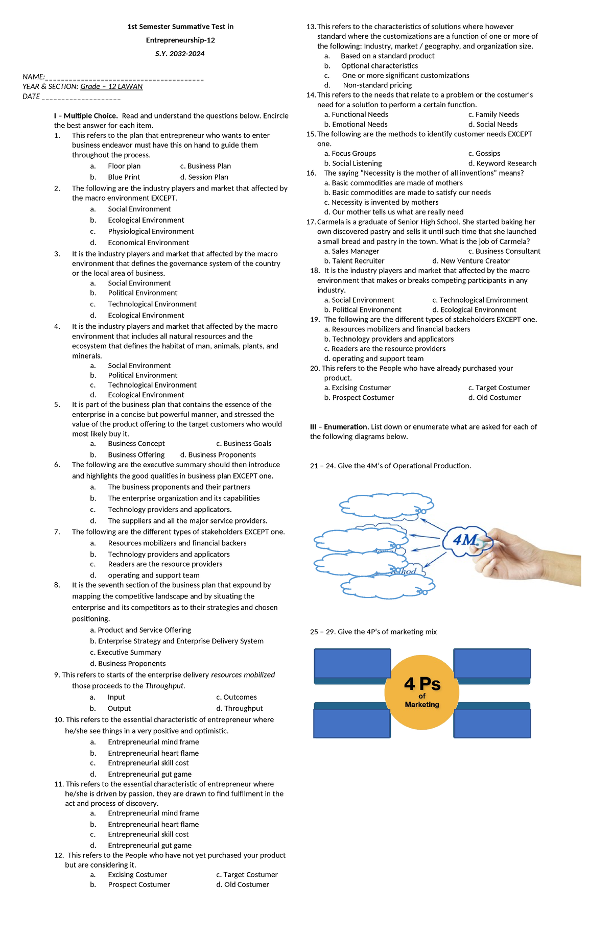 1st Semester Summative Test In Entrep - 1st Semester Summative Test In ...