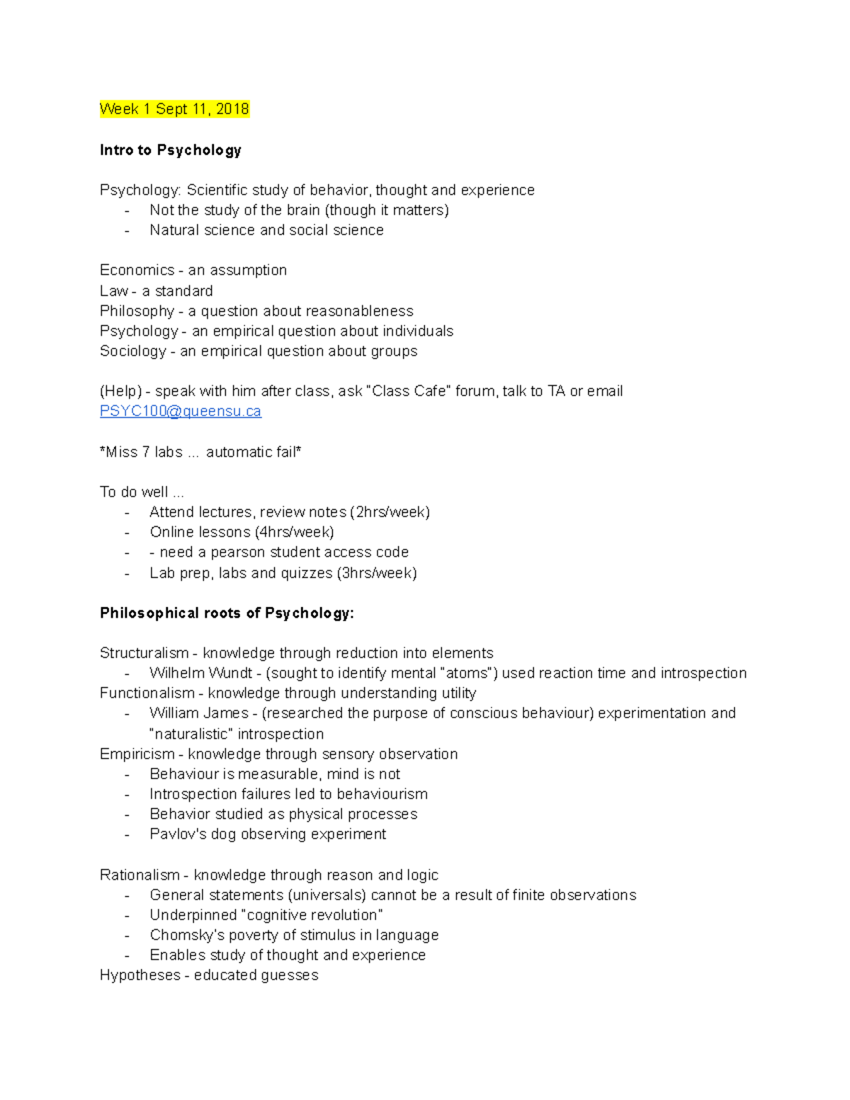 PSYC 100 Weeks 1 to 8 - Lecture notes 1-8 - Week 1 Sept 11, 2018 Intro ...
