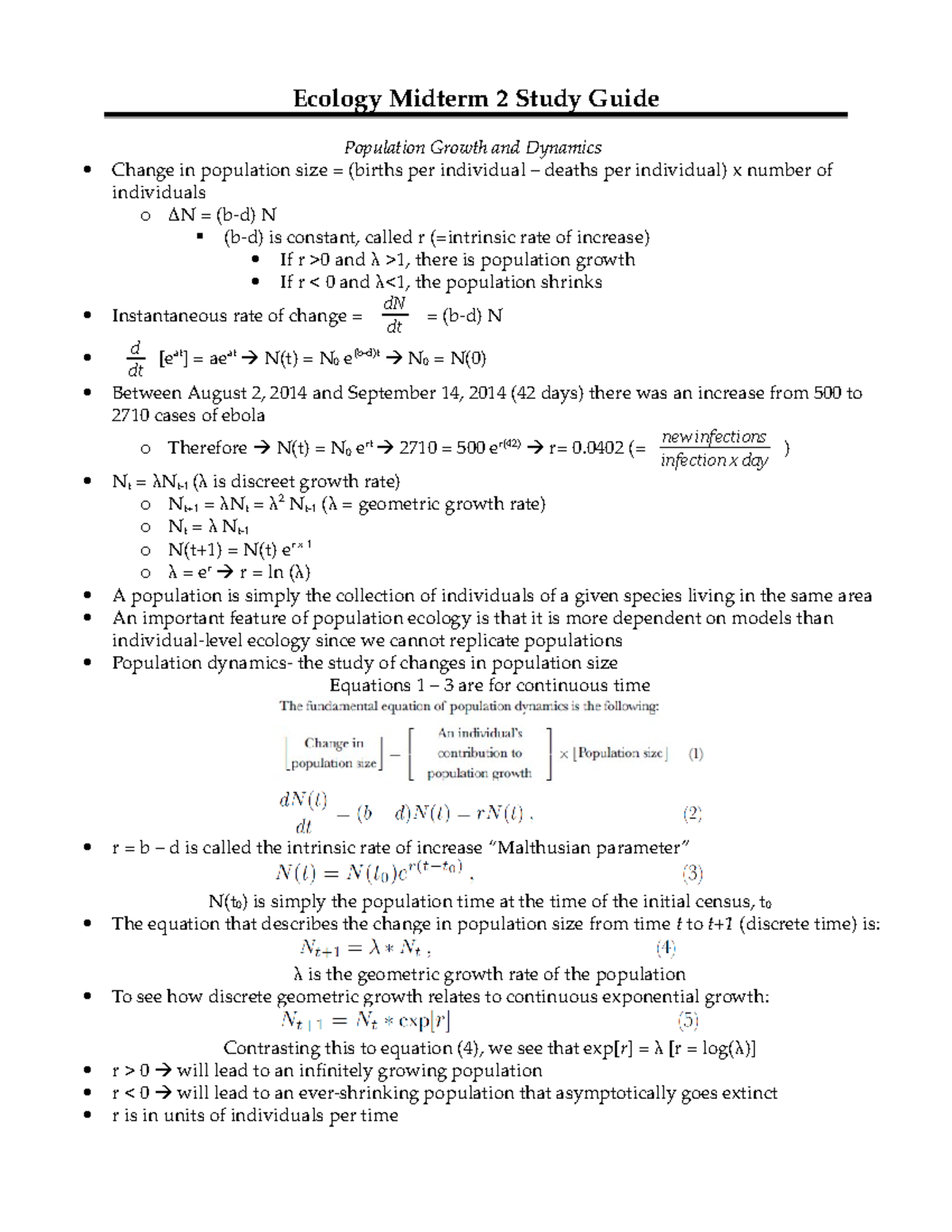 Midterm 2 Review Ecology - Ecology Midterm 2 Study Guide Population ...