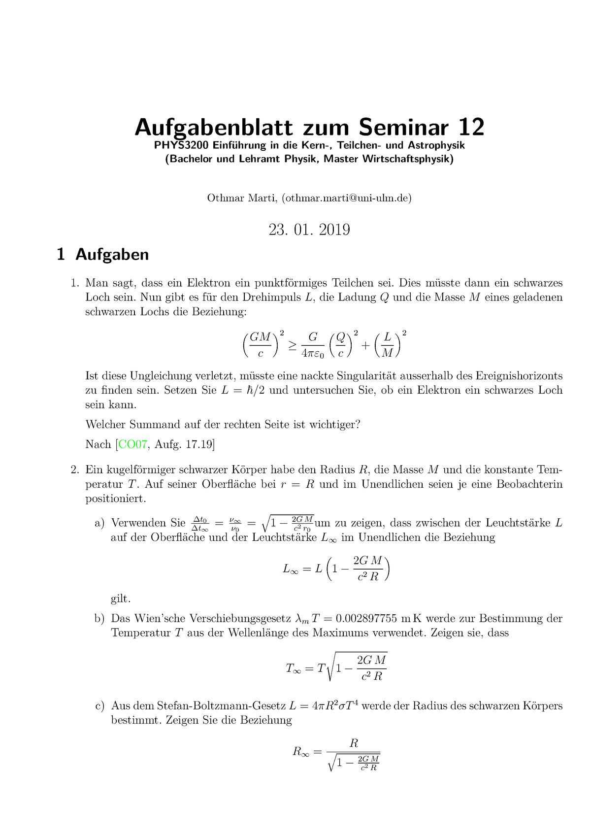 Aufgabenblatt 12 Zu Den Seminaren Vom 23. 01. 2019 Mit L”sungen ...