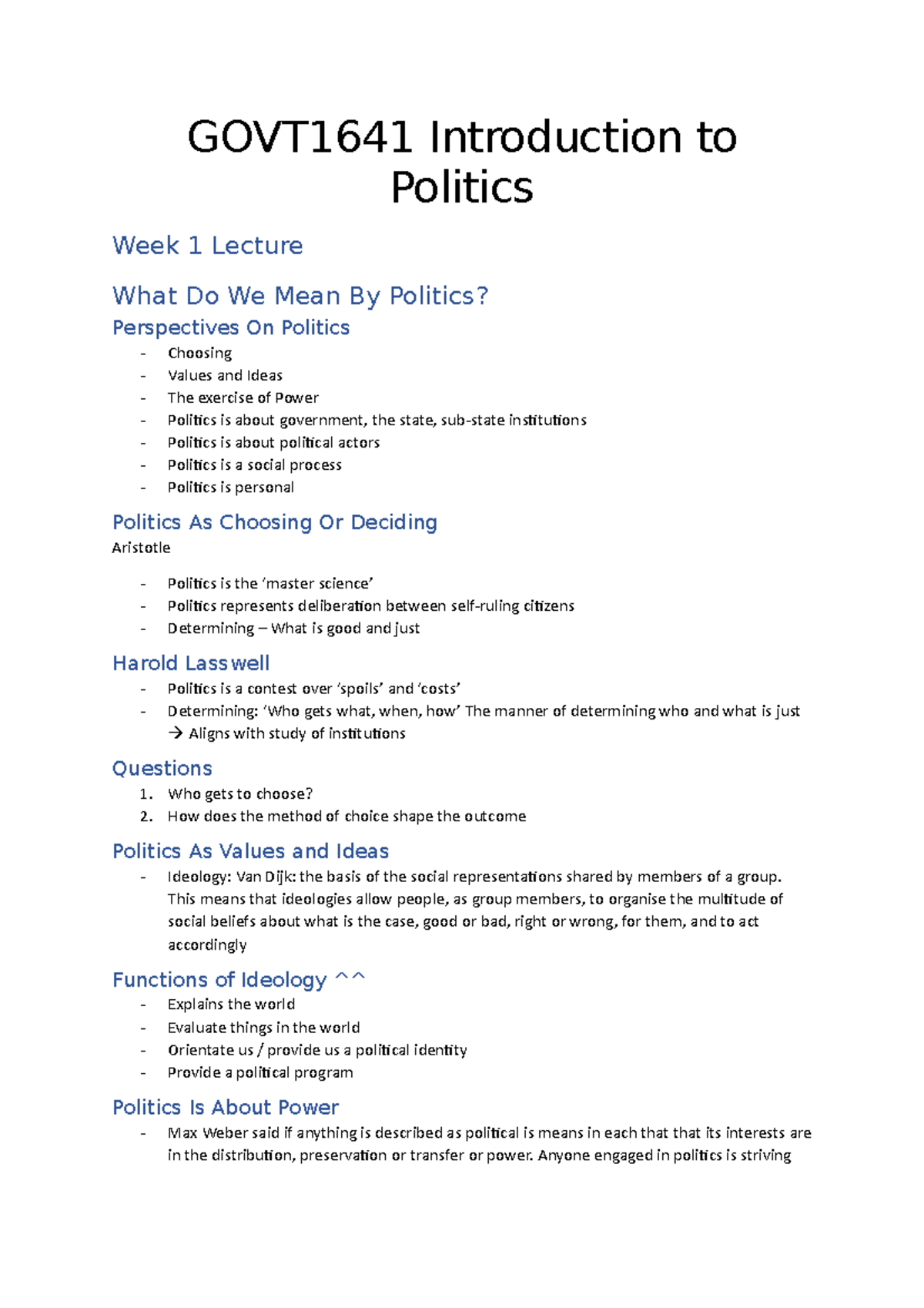 GOVT1641 Lecture Notes 2020 WK 1-6 and 10-12 - GOVT1641 Introduction to ...