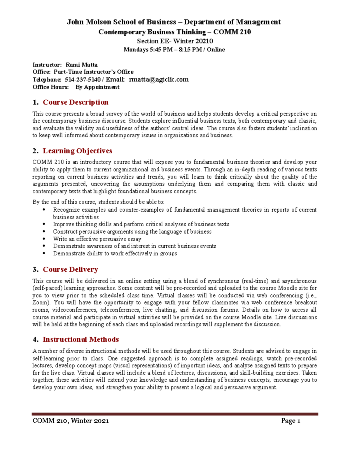 COMM 210 Course Outline 2021 Winter - John Molson School of Business ...