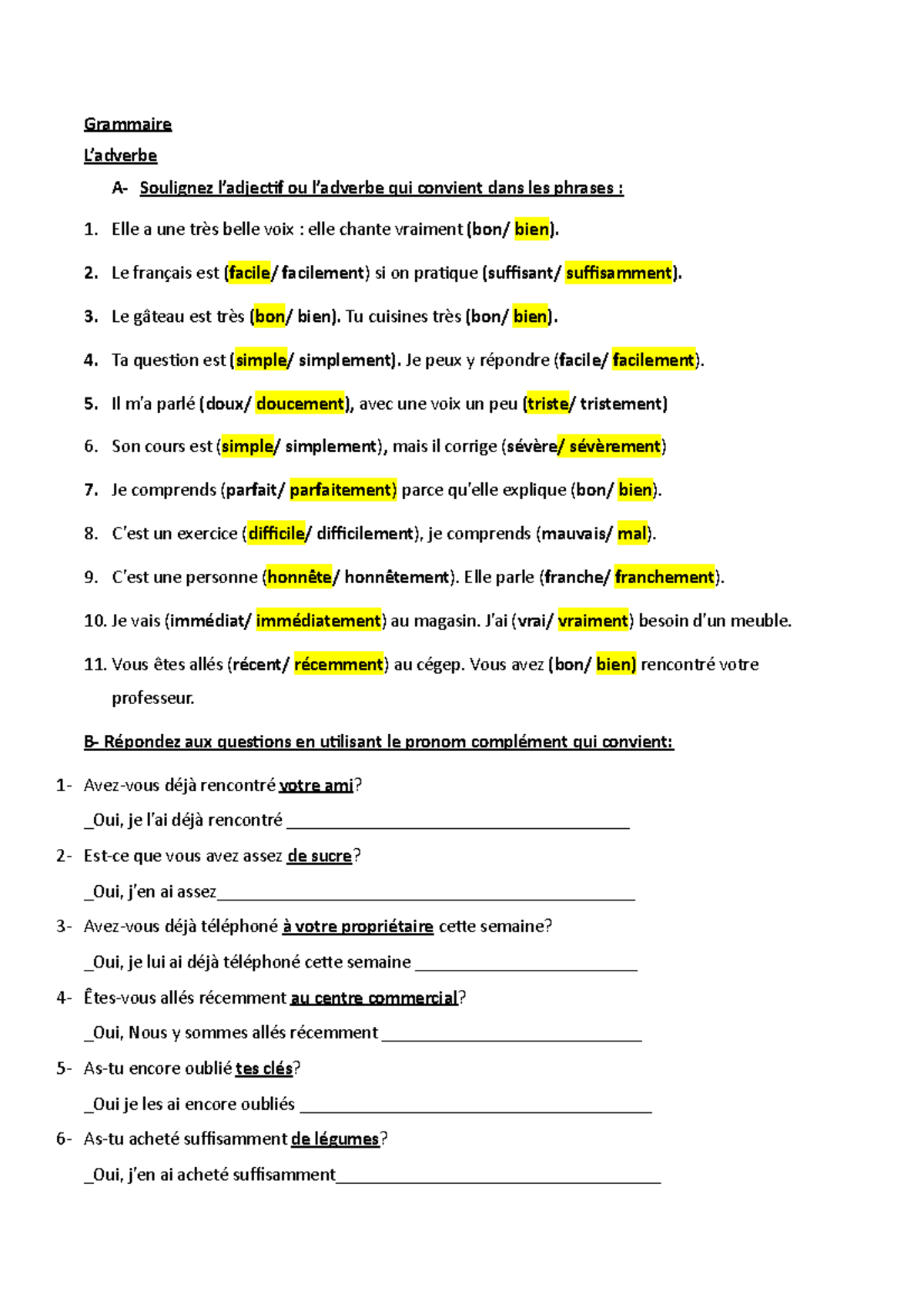 Grammaire L'adverbe - Adverbes Grammer Summary - Grammaire L’adverbe A ...