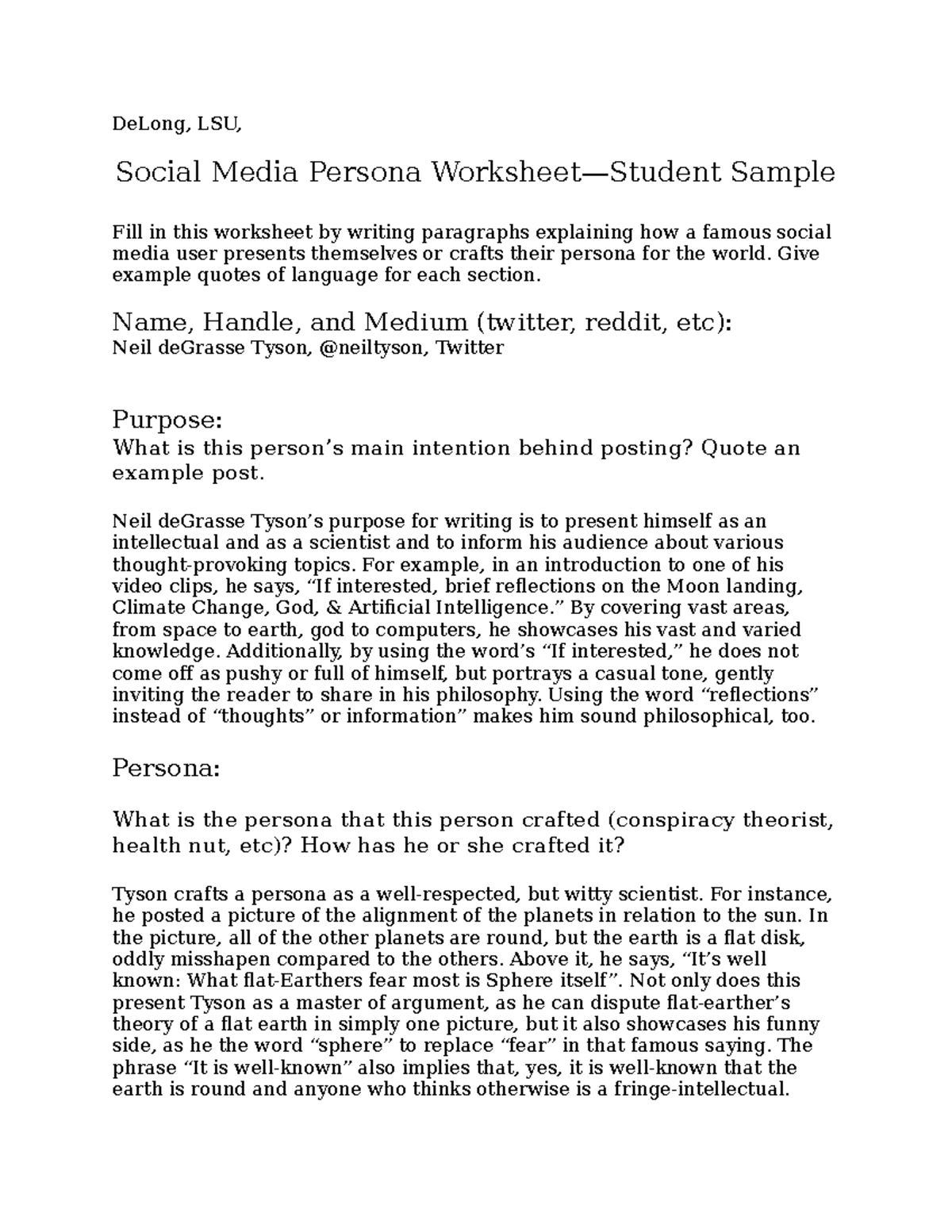 Social Media Persona Worksheet-Student Sample - DeLong, LSU, Social ...