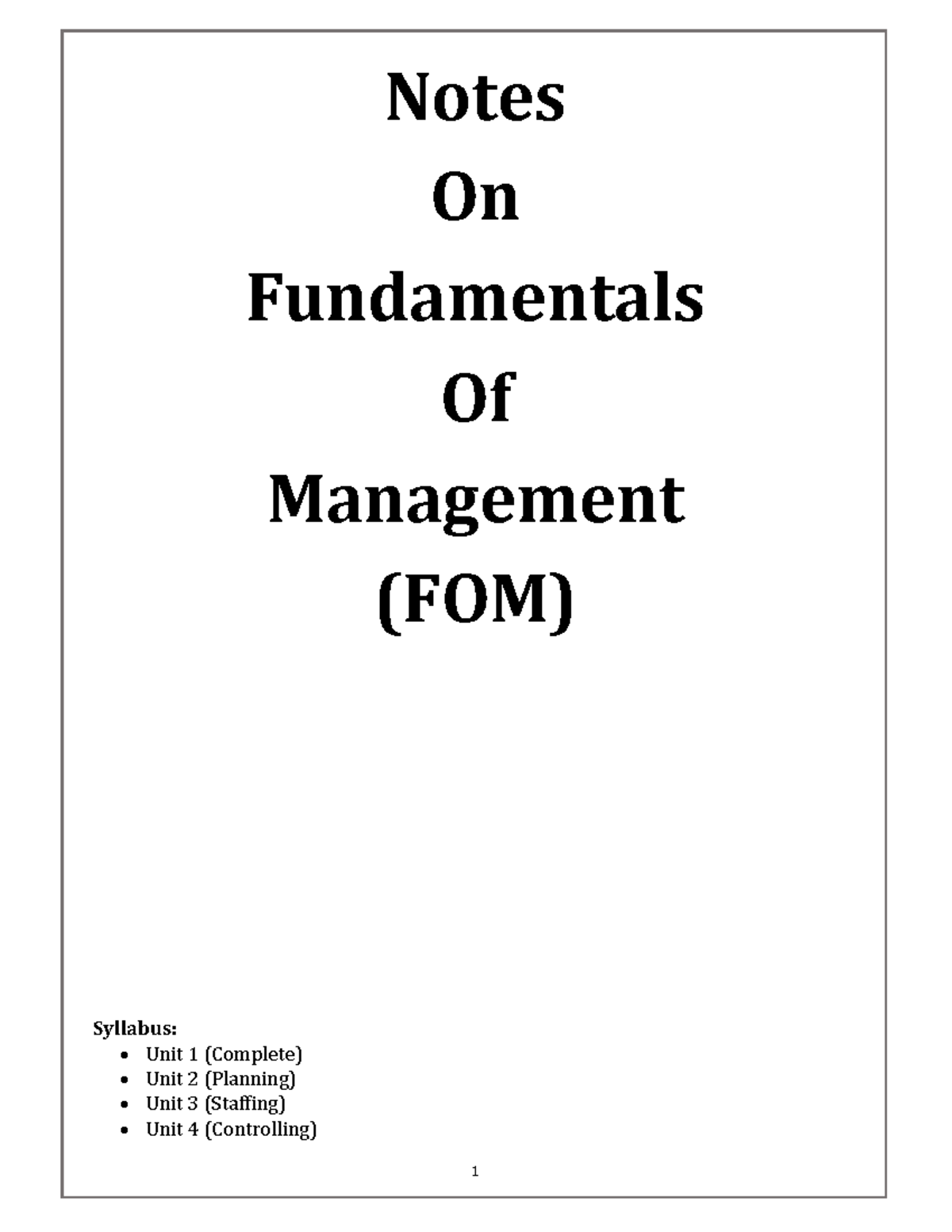 Fundamentals Of Management - Notes On Fundamentals Of Management (FOM ...