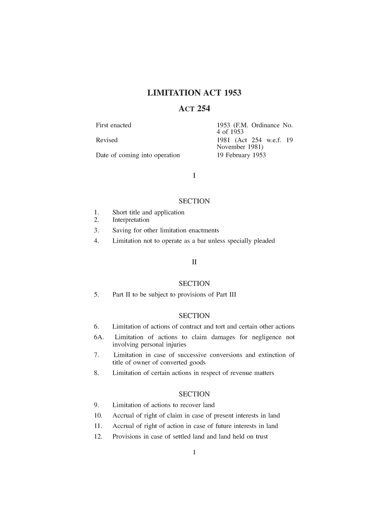 Limitation act - LIMITATION ACT 1953 ACT 254 First enacted ...